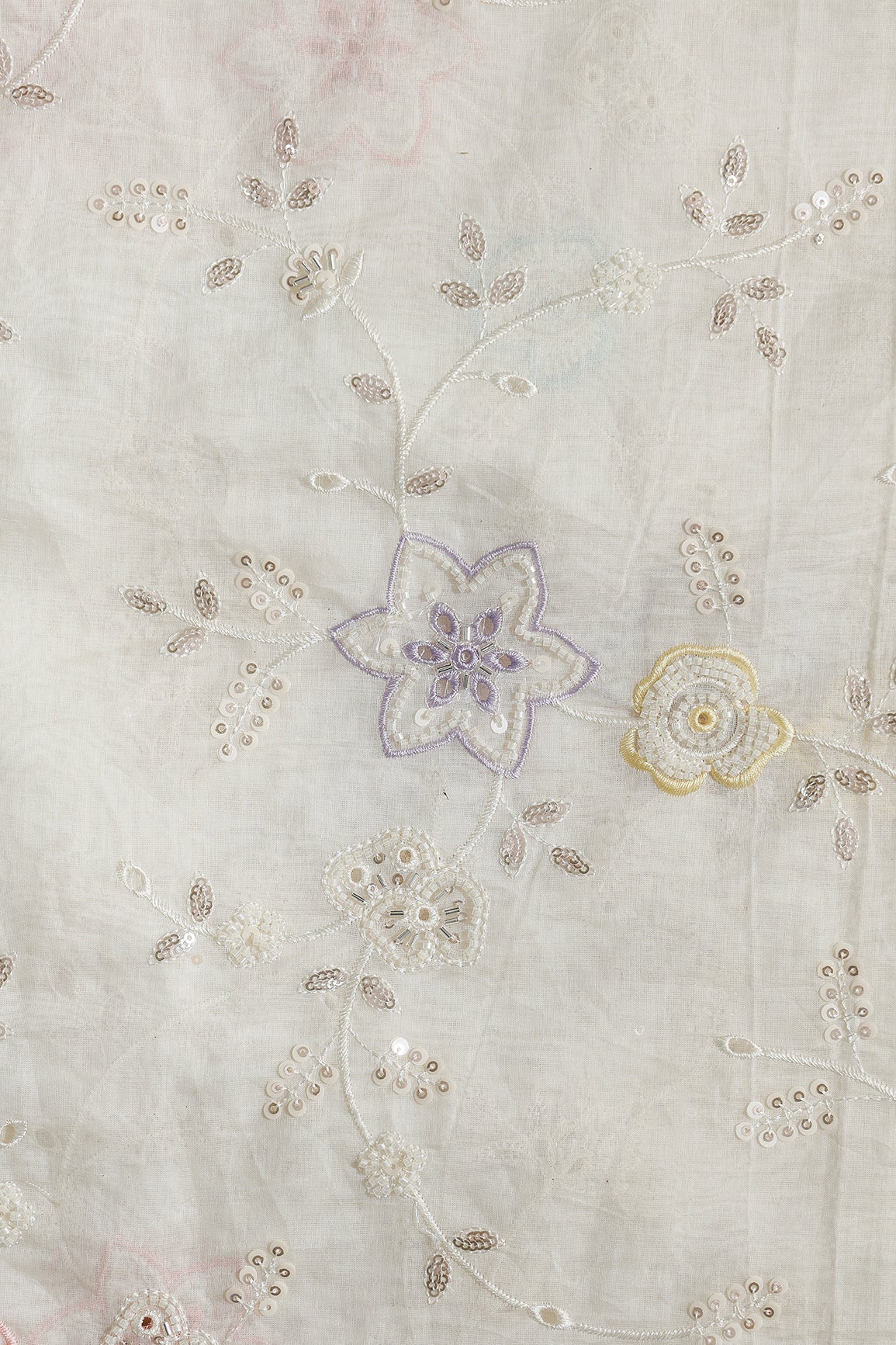 Multi Thread & Beads With Silver Sequins Beautiful Floral Leafy Embroidery Work On Off White Pure Mul Chanderi Silk Fabric - doeraa