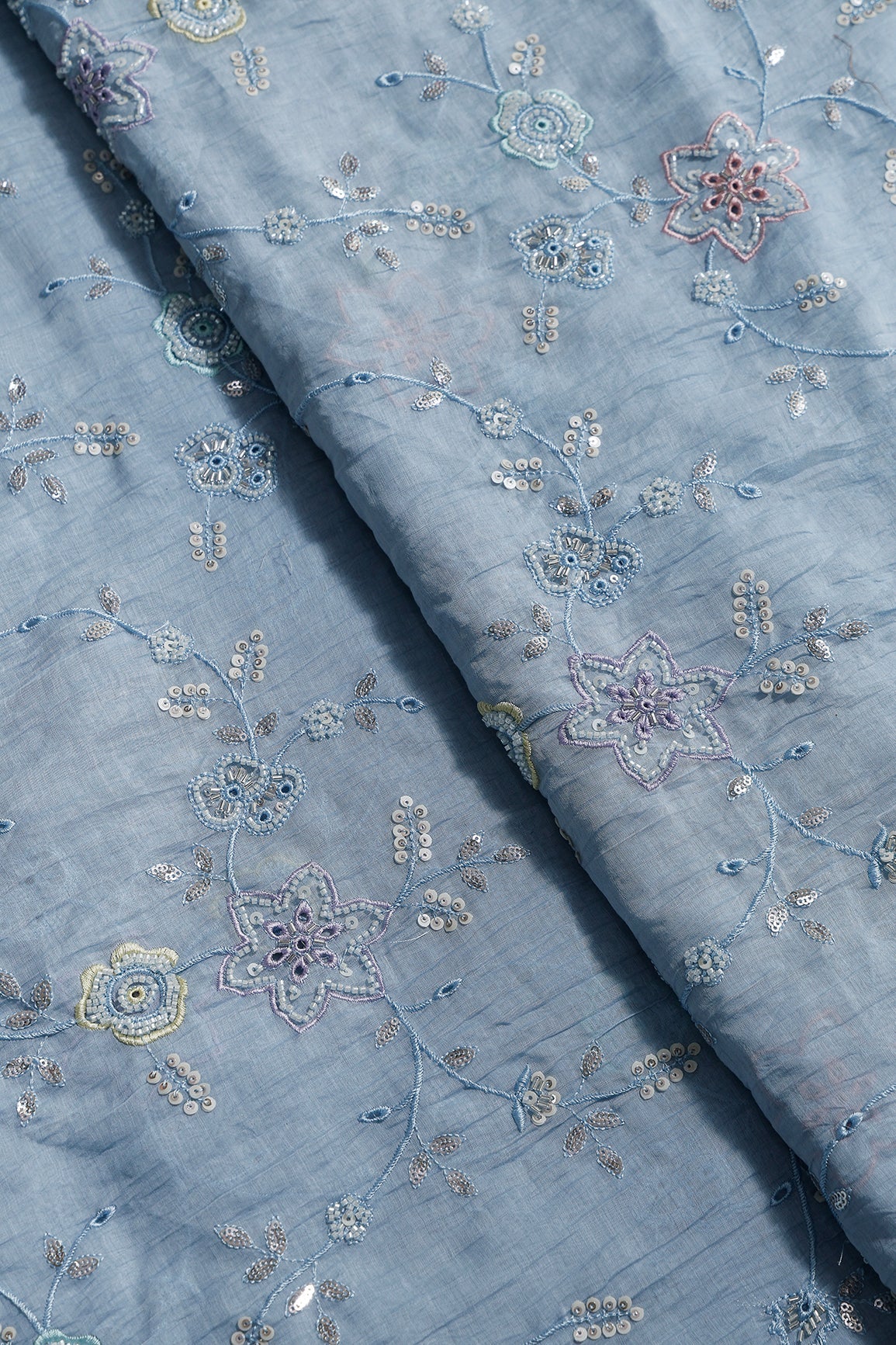 Multi Thread & Beads With Silver Sequins Beautiful Floral Leafy Embroidery Work On Pastel Blue Pure Mul Chanderi Silk Fabric - doeraa