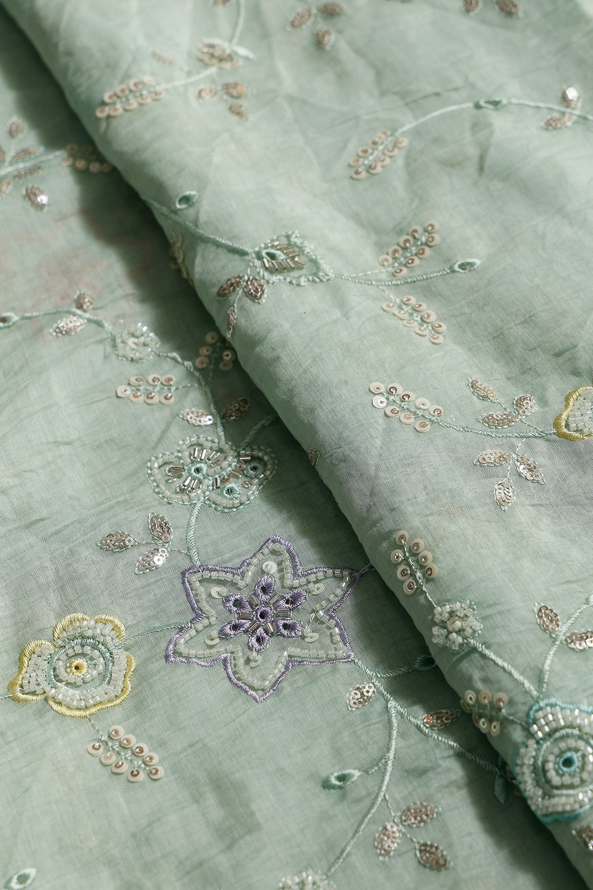 Multi Thread & Beads With Silver Sequins Beautiful Floral Leafy Embroidery Work On Pastel Olive Green Pure Mul Chanderi Silk Fabric - doeraa