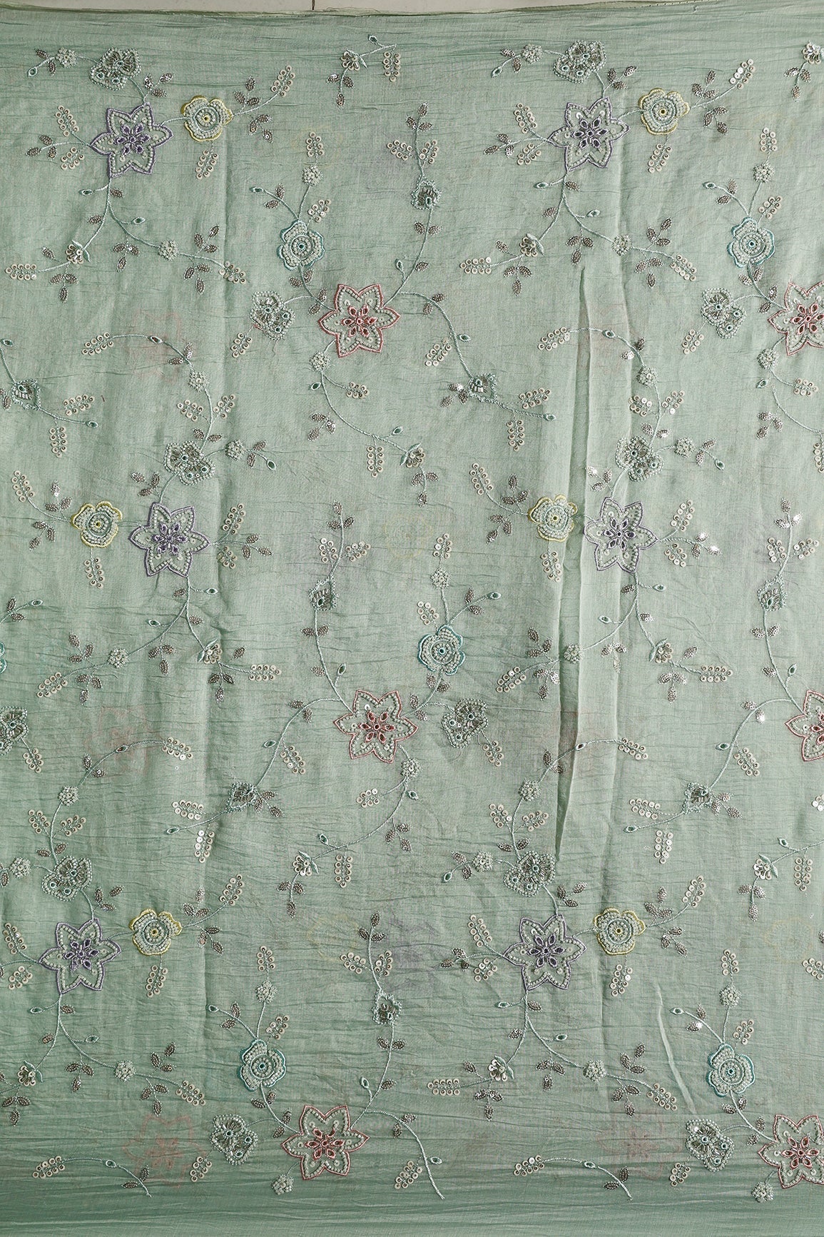 Multi Thread & Beads With Silver Sequins Beautiful Floral Leafy Embroidery Work On Pastel Olive Green Pure Mul Chanderi Silk Fabric - doeraa