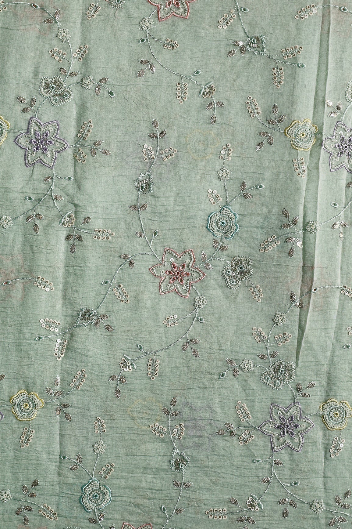 Multi Thread & Beads With Silver Sequins Beautiful Floral Leafy Embroidery Work On Pastel Olive Green Pure Mul Chanderi Silk Fabric - doeraa