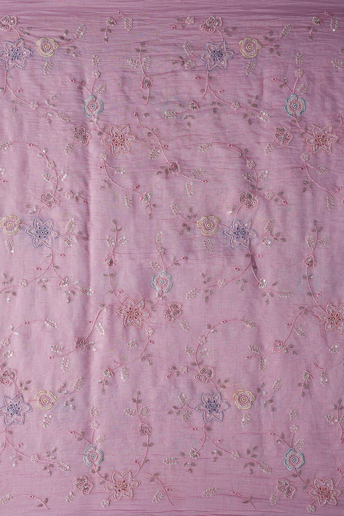 Multi Thread & Beads With Silver Sequins Beautiful Floral Leafy Embroidery Work On Pink Pure Mul Chanderi Silk Fabric - doeraa