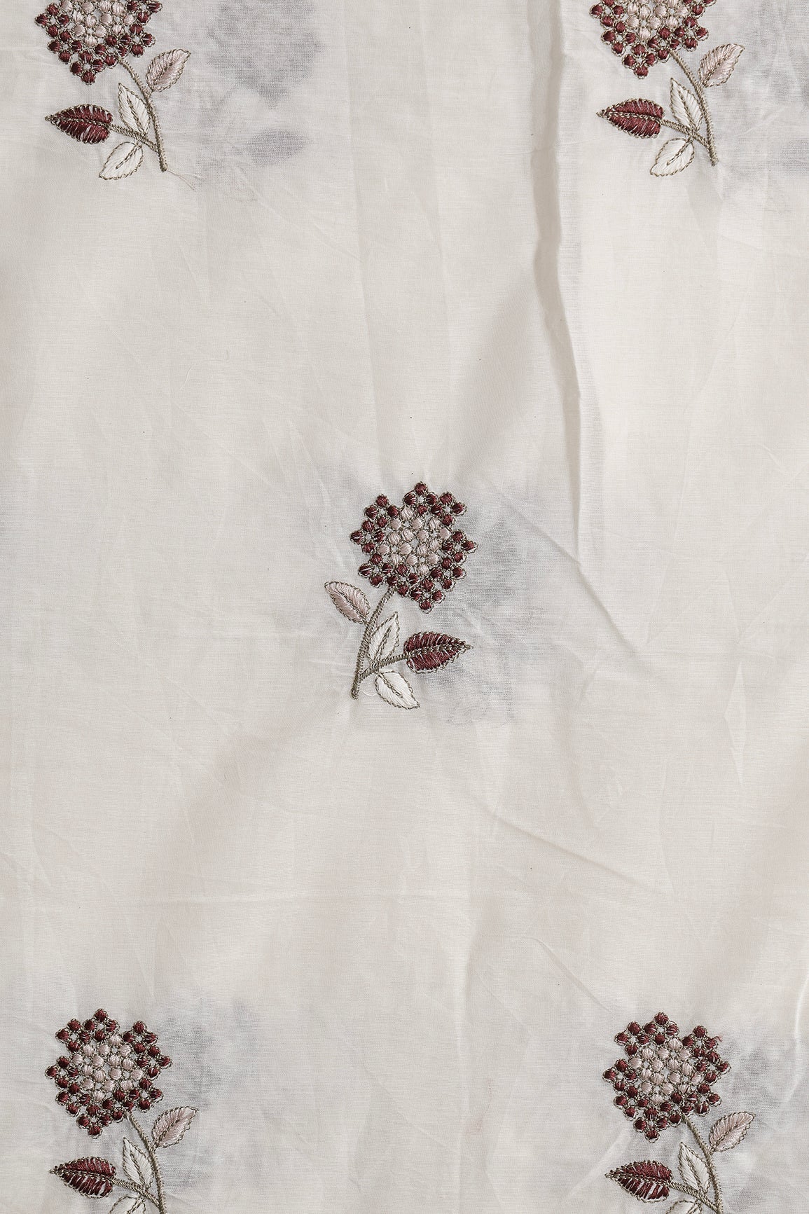 Multi Thread Beautiful Floral Embroidery Work On Off White Organic Cotton Fabric - doeraa