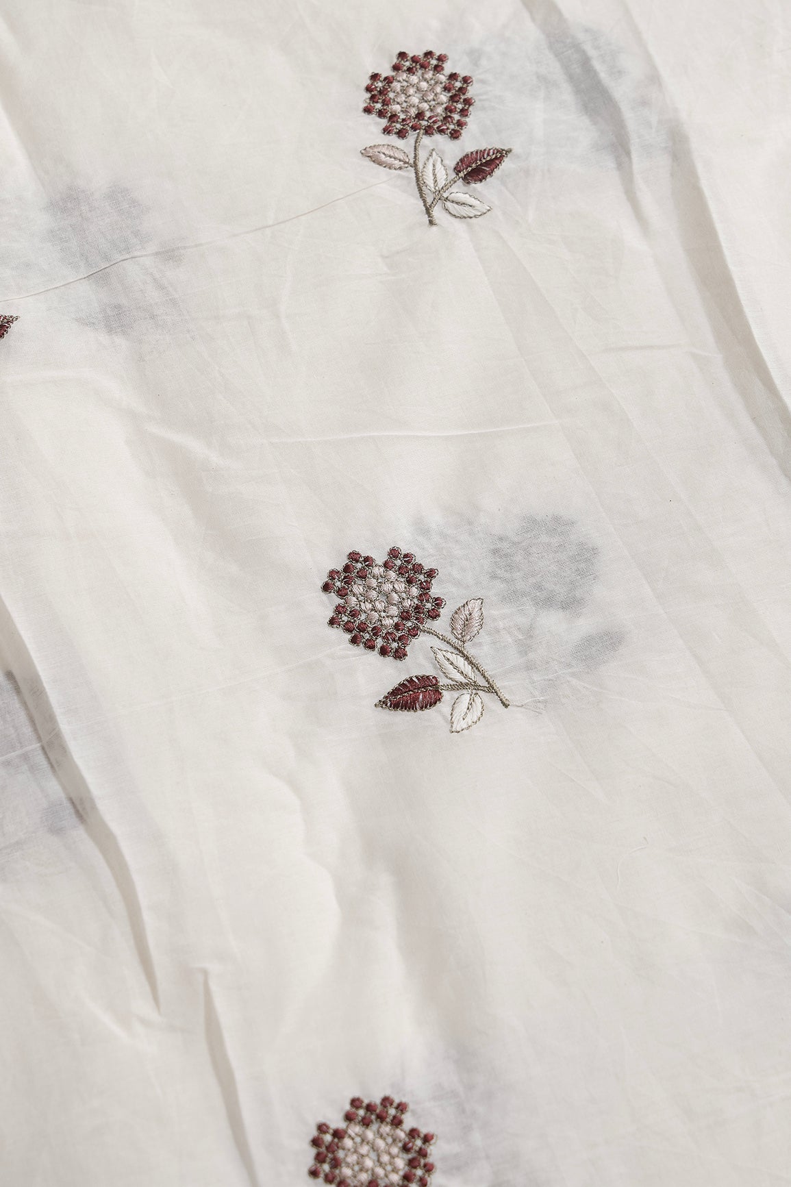 Multi Thread Beautiful Floral Embroidery Work On Off White Organic Cotton Fabric - doeraa