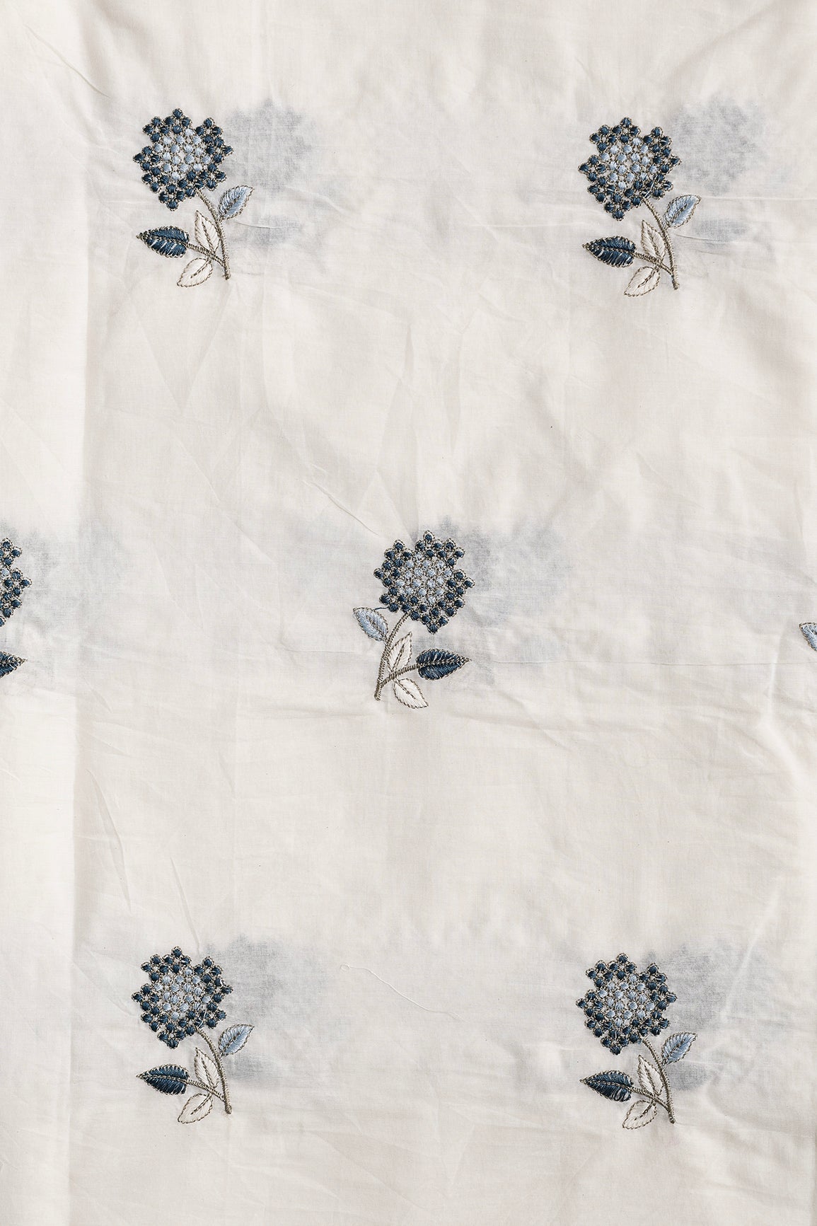 Multi Thread Beautiful Floral Embroidery Work On Off White Organic Cotton Fabric - doeraa