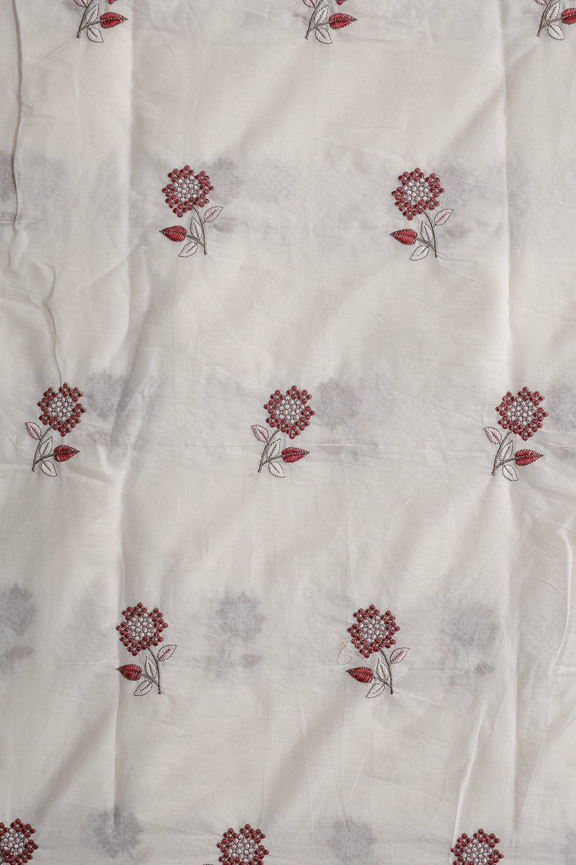 Multi Thread Beautiful Floral Embroidery Work On Off White Organic Cotton Fabric - doeraa