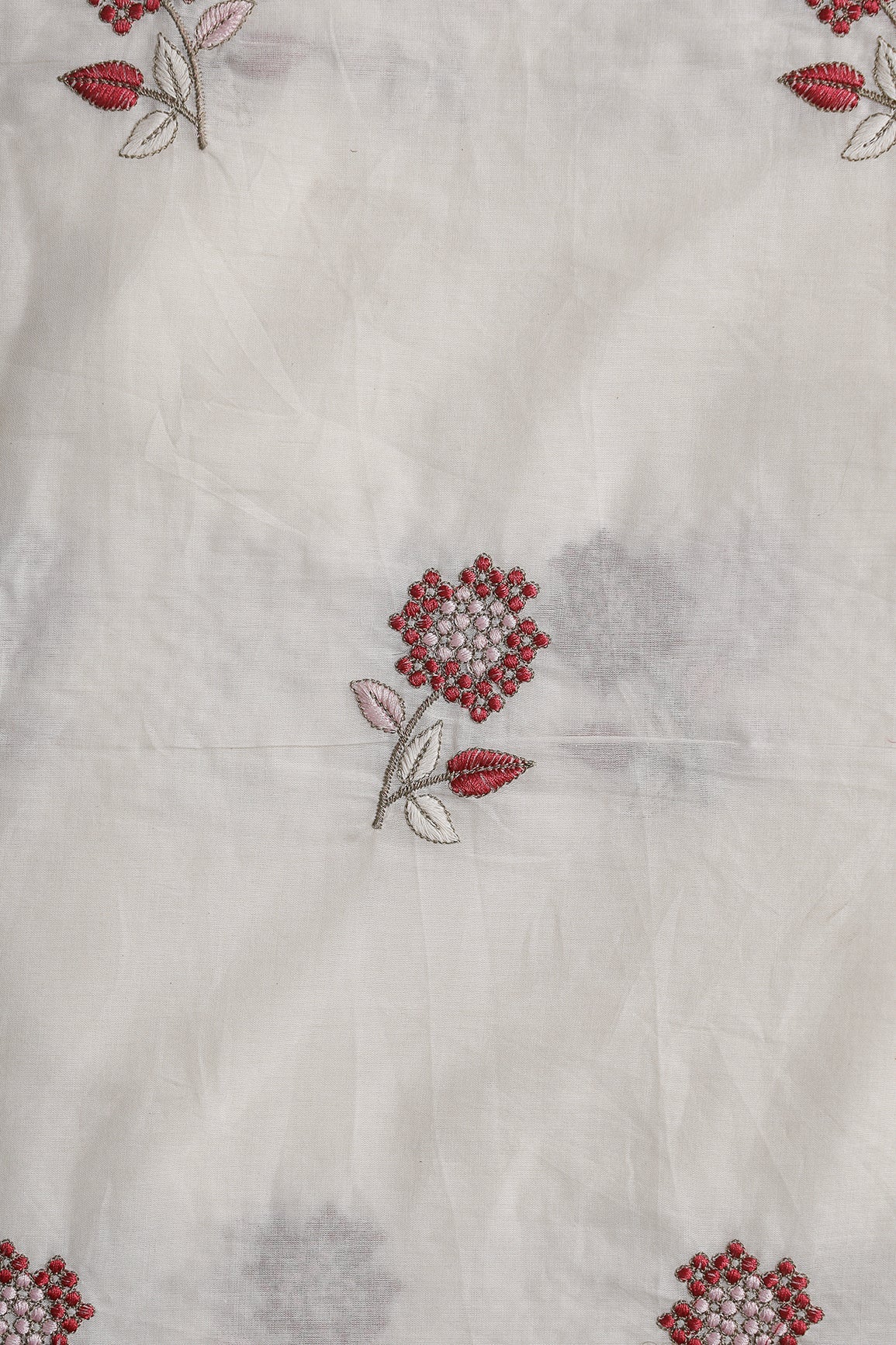 Multi Thread Beautiful Floral Embroidery Work On Off White Organic Cotton Fabric - doeraa