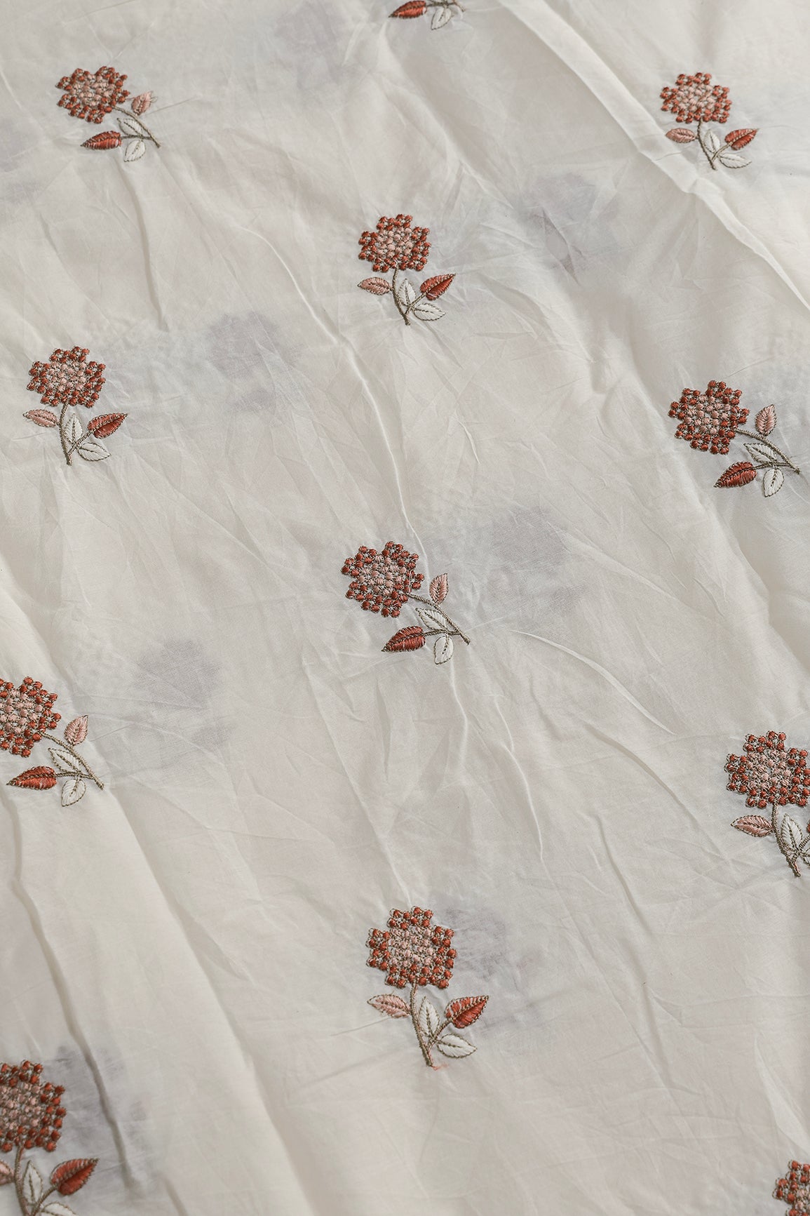 Multi Thread Beautiful Floral Embroidery Work On Off White Organic Cotton Fabric - doeraa