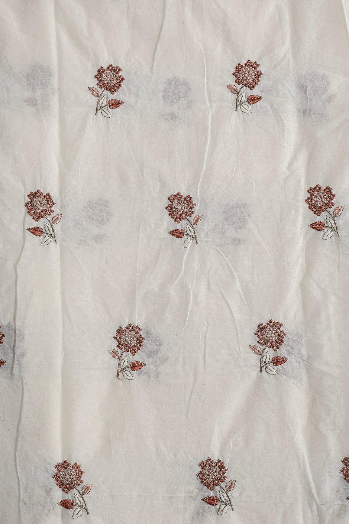 Multi Thread Beautiful Floral Embroidery Work On Off White Organic Cotton Fabric - doeraa