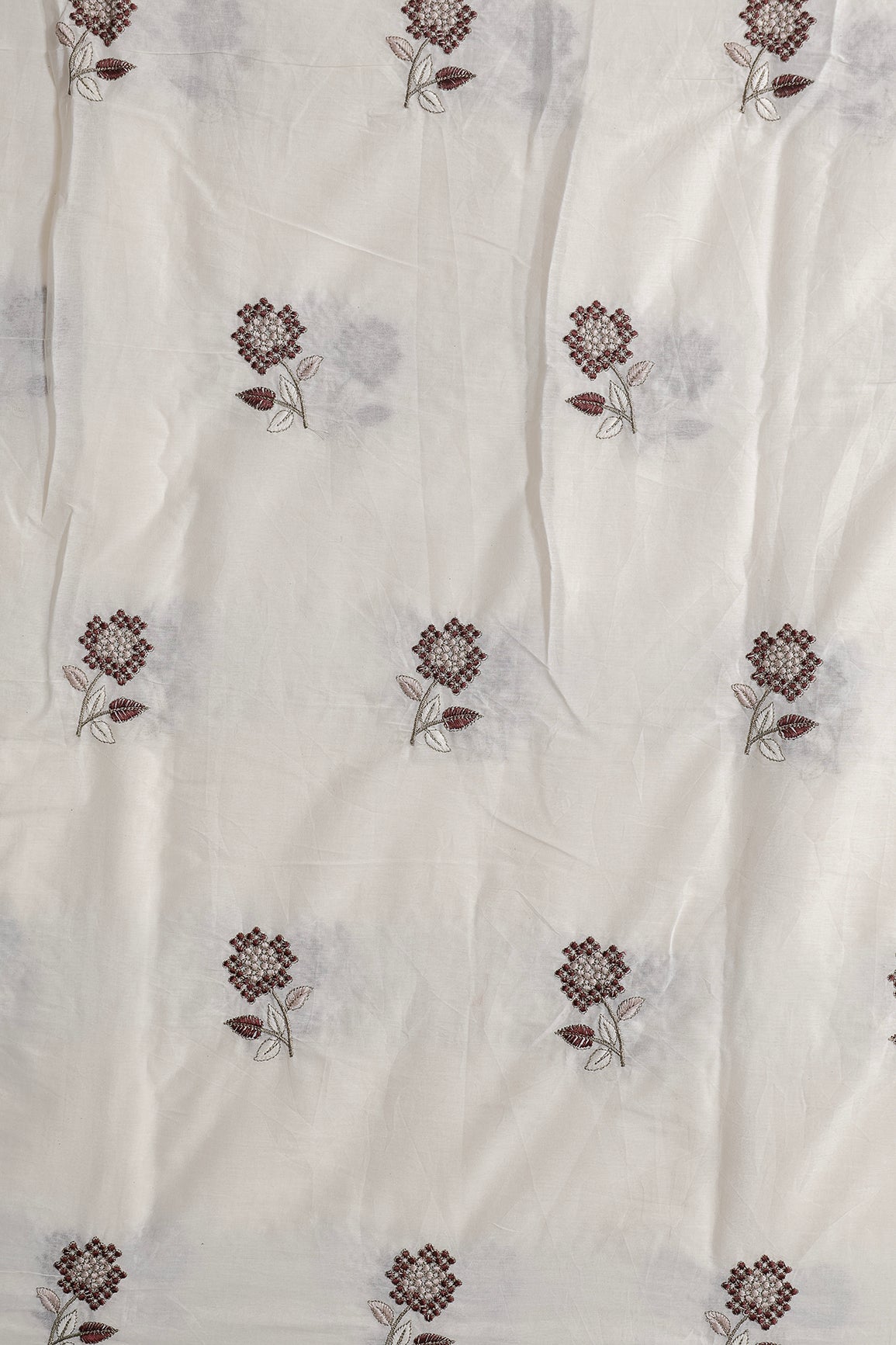 Multi Thread Beautiful Floral Embroidery Work On Off White Organic Cotton Fabric - doeraa
