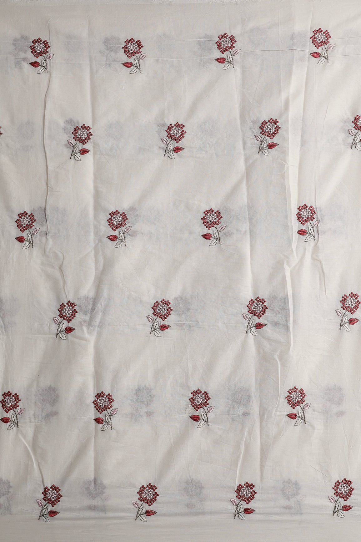 Multi Thread Beautiful Floral Embroidery Work On Off White Organic Cotton Fabric - doeraa