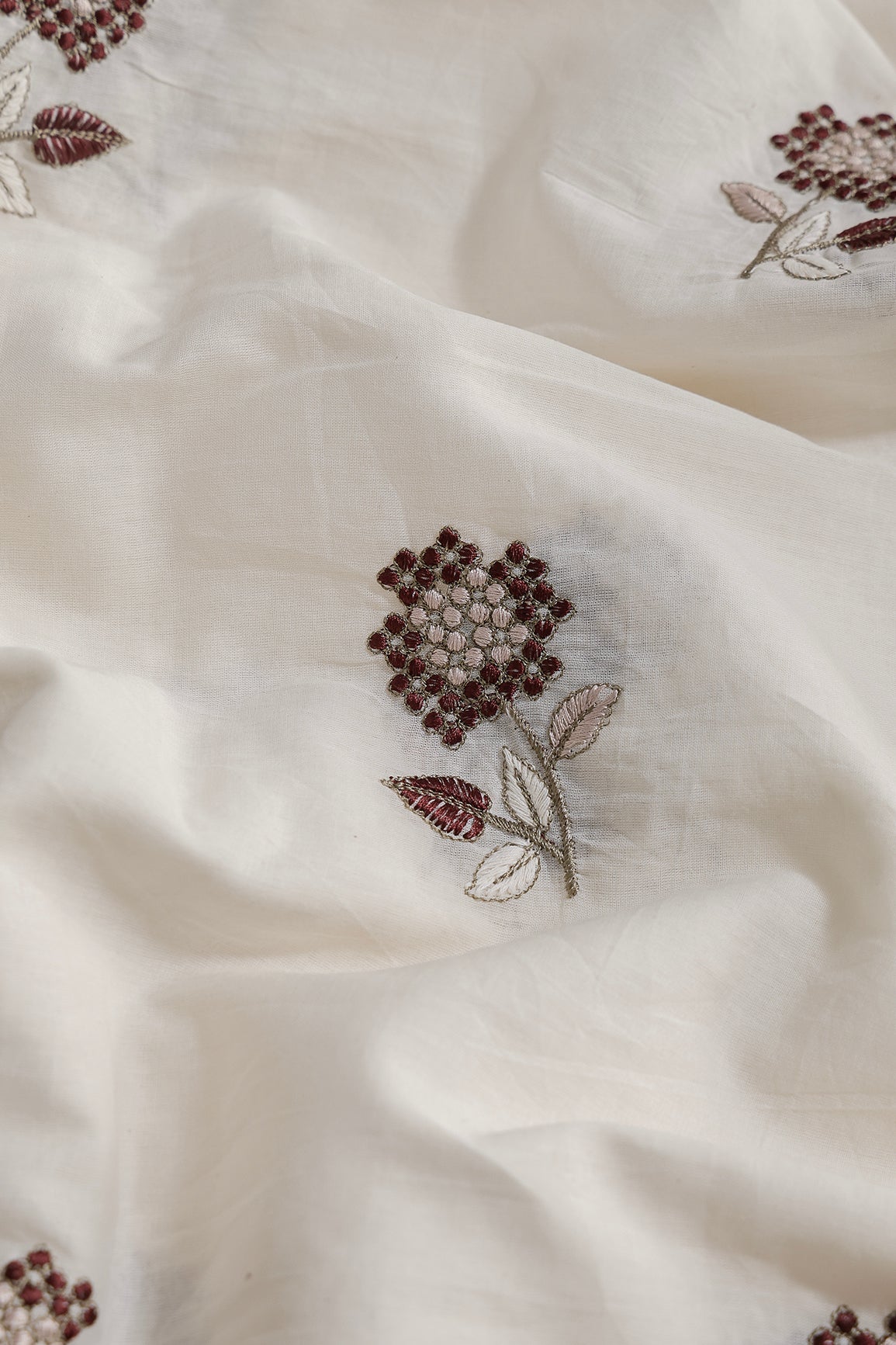 Multi Thread Beautiful Floral Embroidery Work On Off White Organic Cotton Fabric - doeraa