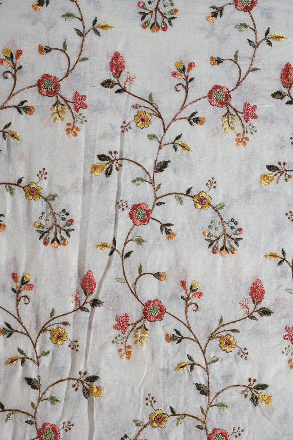 Multi Thread Beautiful Floral Embroidery Work On Off White Organic Cotton Fabric - doeraa