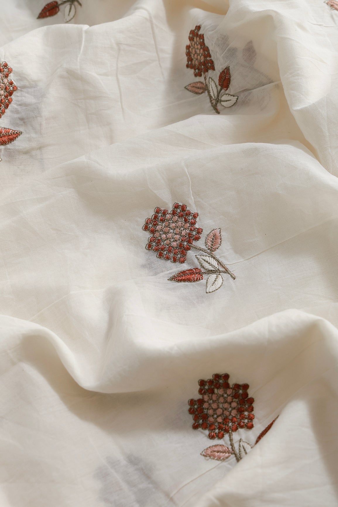 Multi Thread Beautiful Floral Embroidery Work On Off White Organic Cotton Fabric - doeraa