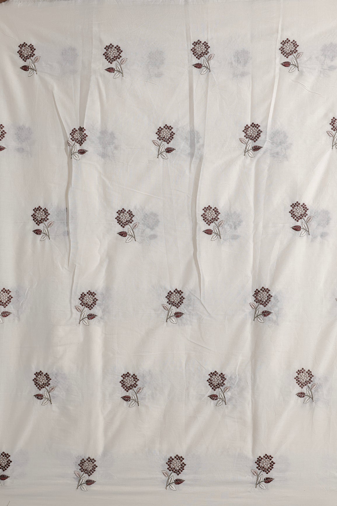 Multi Thread Beautiful Floral Embroidery Work On Off White Organic Cotton Fabric - doeraa