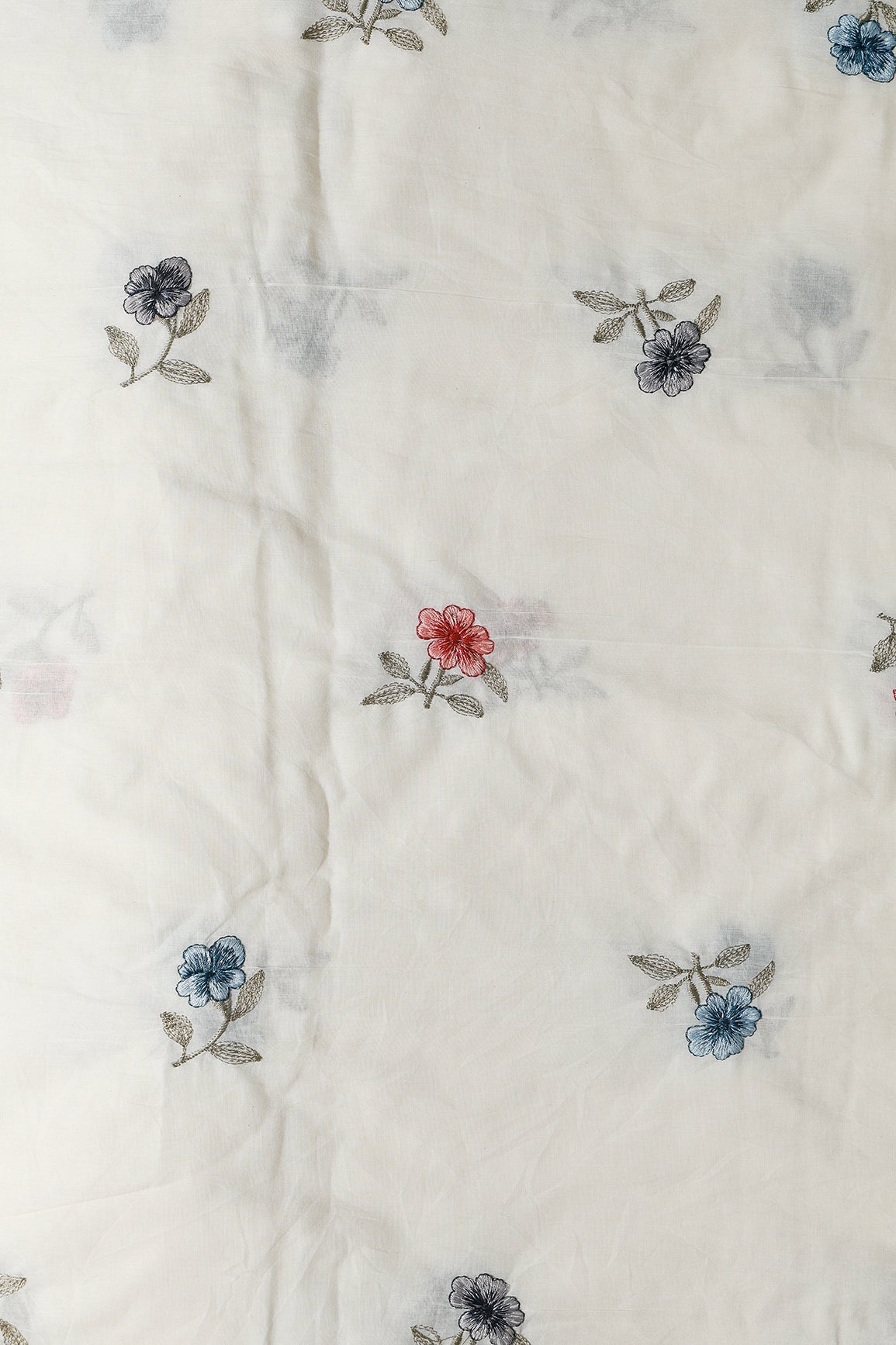 Multi Thread Beautiful Floral Leafy Embroidery Work On Off White Organic Cotton Fabric - doeraa