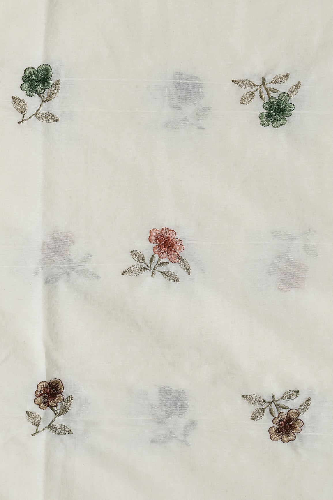 Multi Thread Beautiful Floral Leafy Embroidery Work On Off White Organic Cotton Fabric - doeraa
