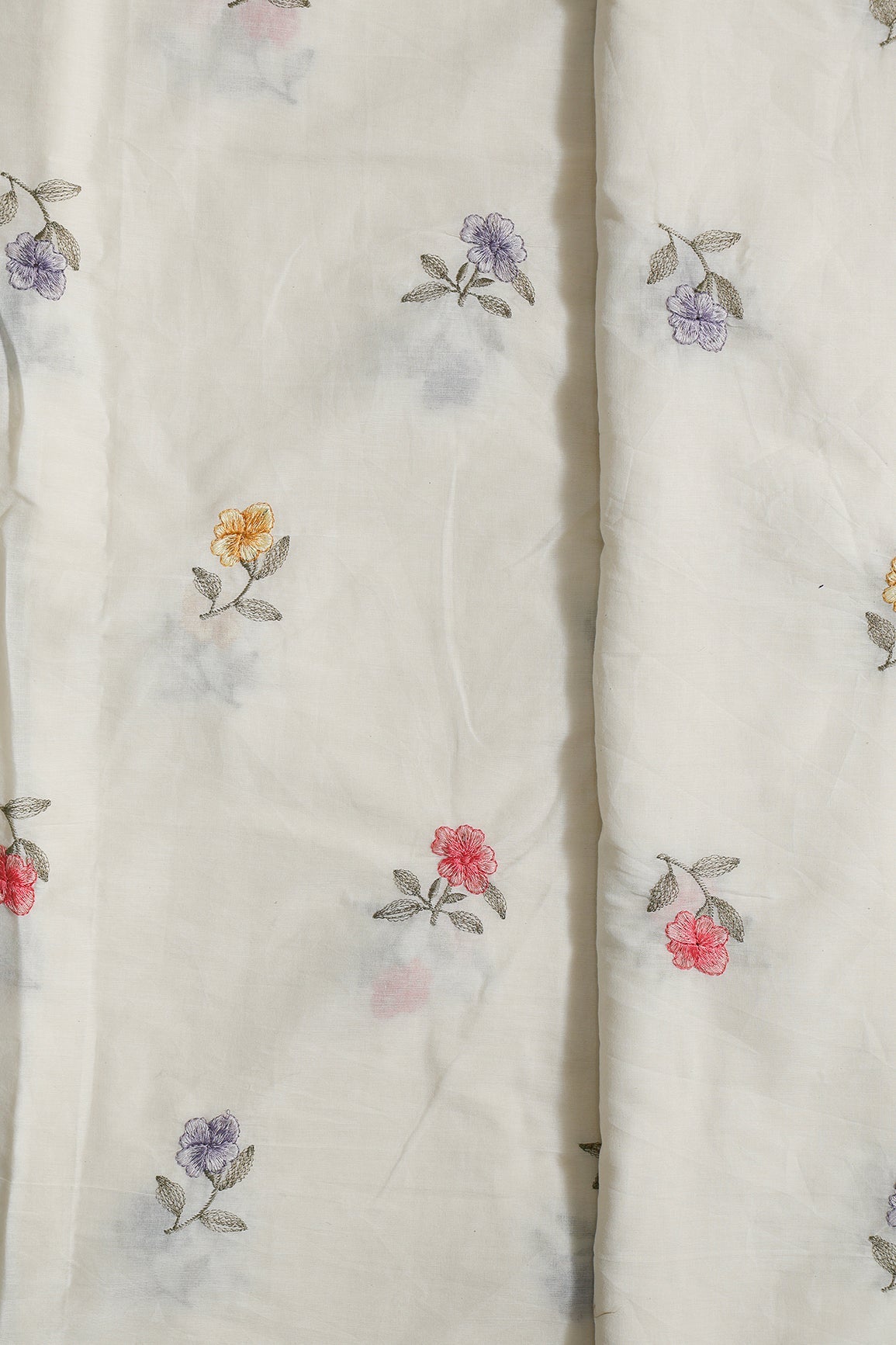 Multi Thread Beautiful Floral Leafy Embroidery Work On Off White Organic Cotton Fabric - doeraa