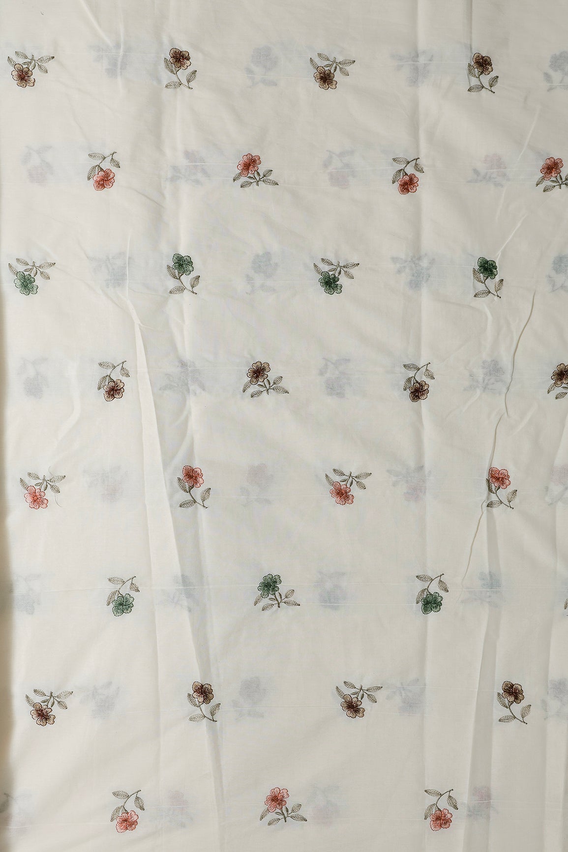 Multi Thread Beautiful Floral Leafy Embroidery Work On Off White Organic Cotton Fabric - doeraa