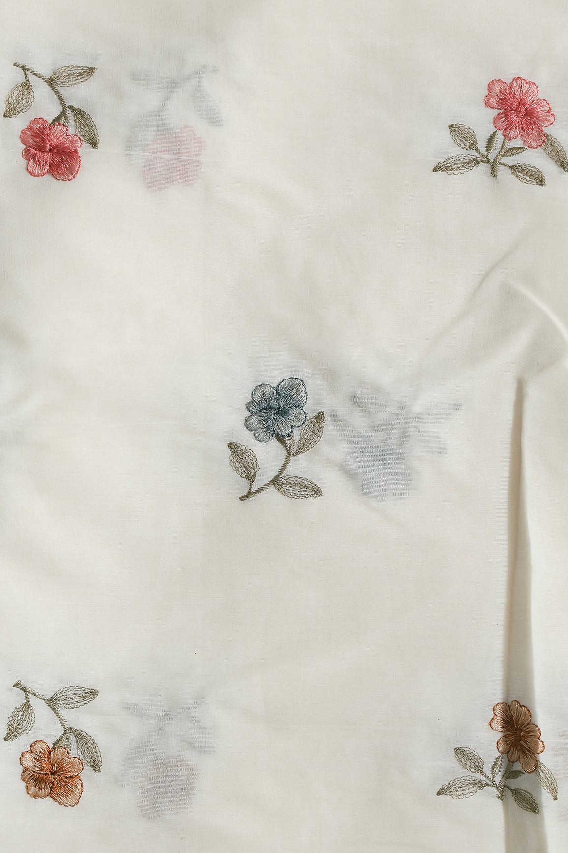 Multi Thread Beautiful Floral Leafy Embroidery Work On Off White Organic Cotton Fabric - doeraa
