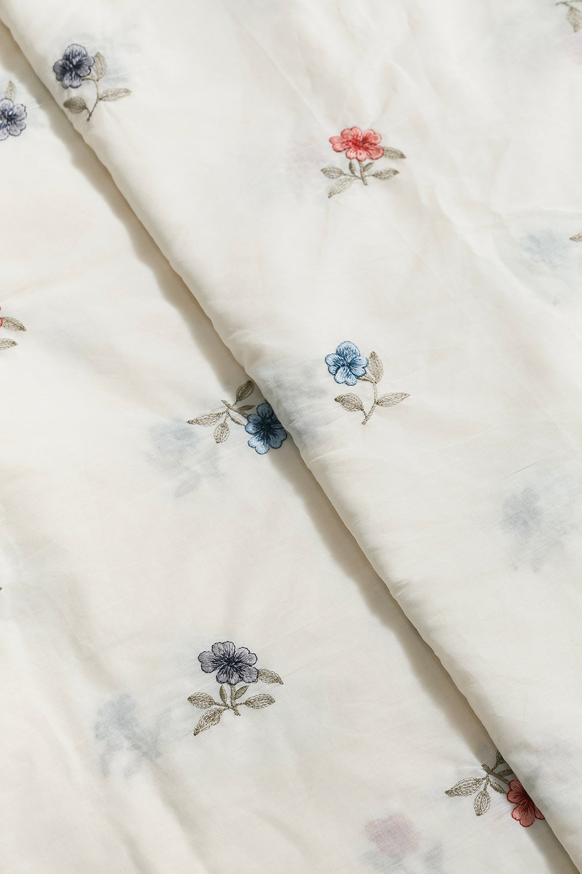 Multi Thread Beautiful Floral Leafy Embroidery Work On Off White Organic Cotton Fabric - doeraa