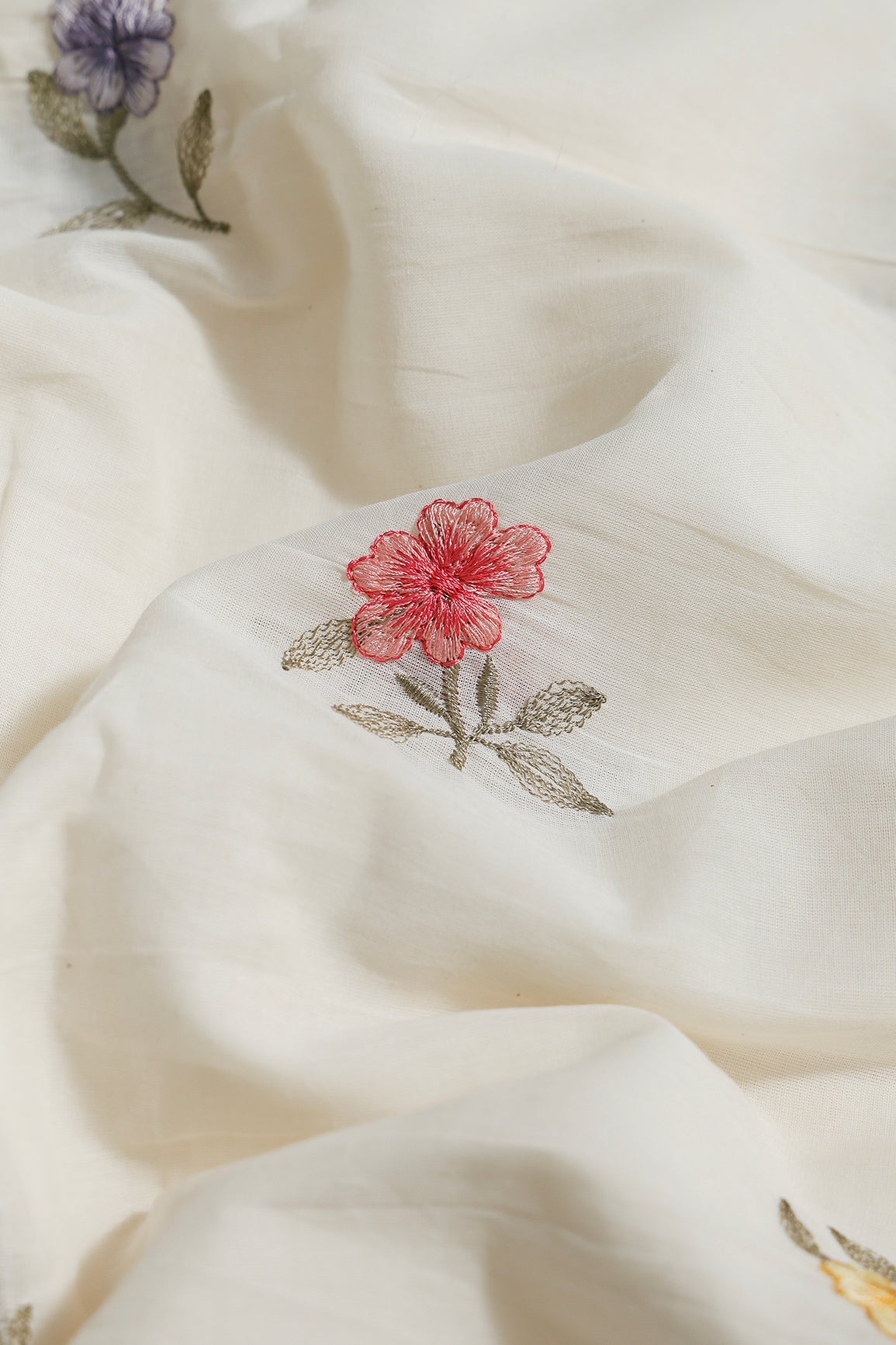 Multi Thread Beautiful Floral Leafy Embroidery Work On Off White Organic Cotton Fabric - doeraa