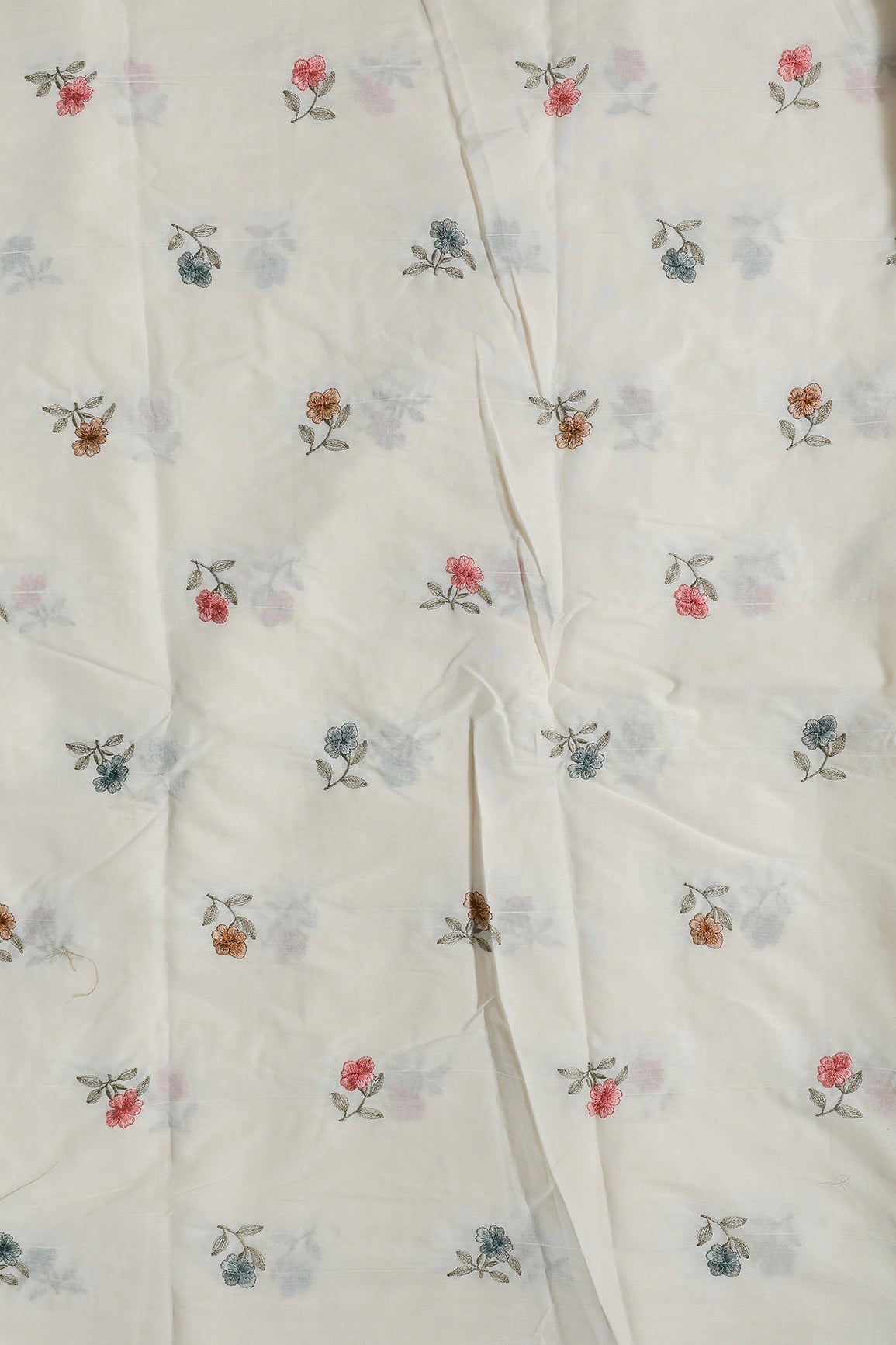 Multi Thread Beautiful Floral Leafy Embroidery Work On Off White Organic Cotton Fabric - doeraa