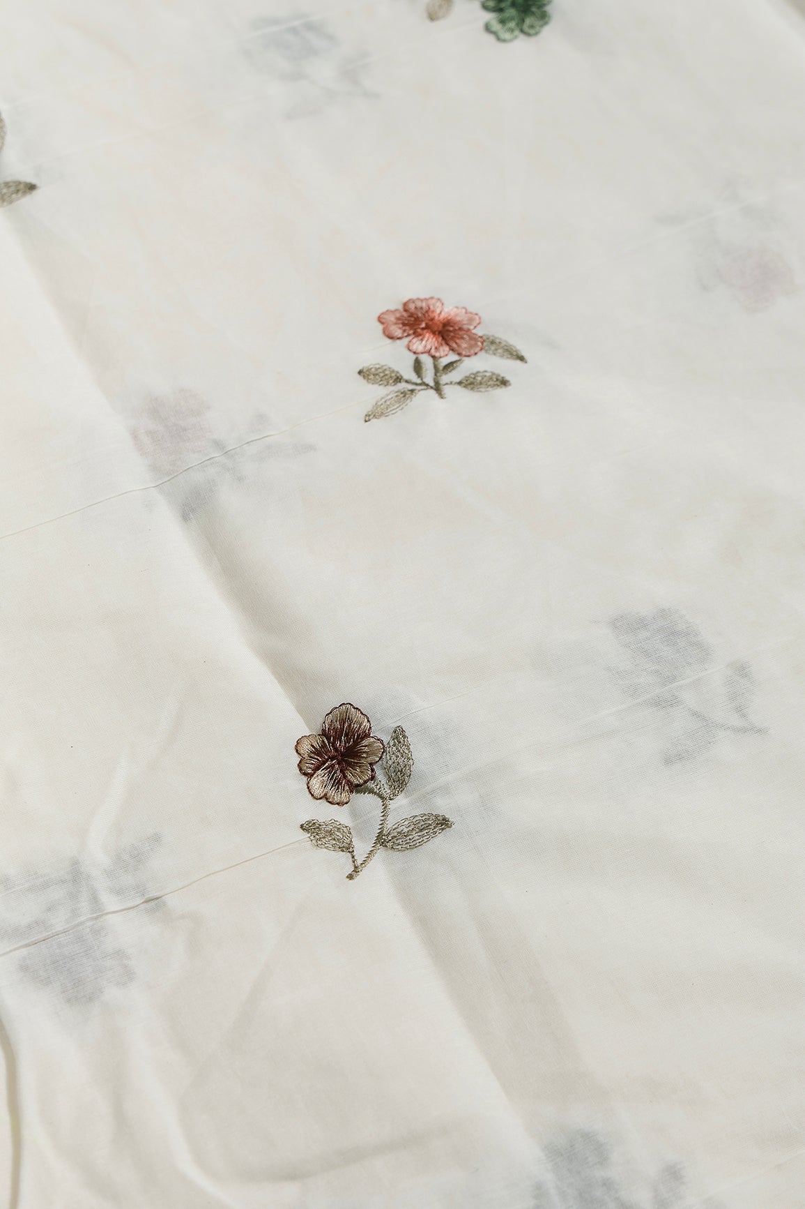 Multi Thread Beautiful Floral Leafy Embroidery Work On Off White Organic Cotton Fabric - doeraa