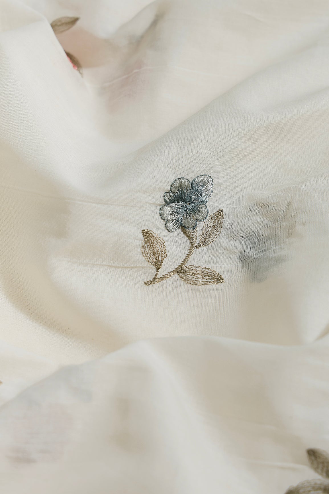 Multi Thread Beautiful Floral Leafy Embroidery Work On Off White Organic Cotton Fabric - doeraa