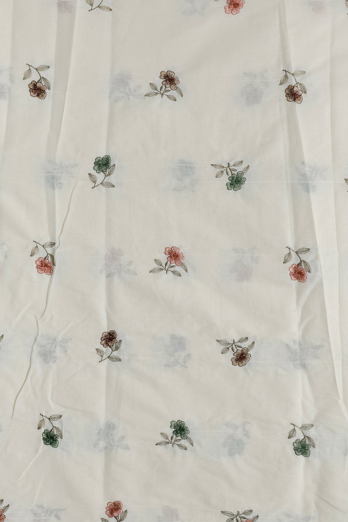 Multi Thread Beautiful Floral Leafy Embroidery Work On Off White Organic Cotton Fabric - doeraa