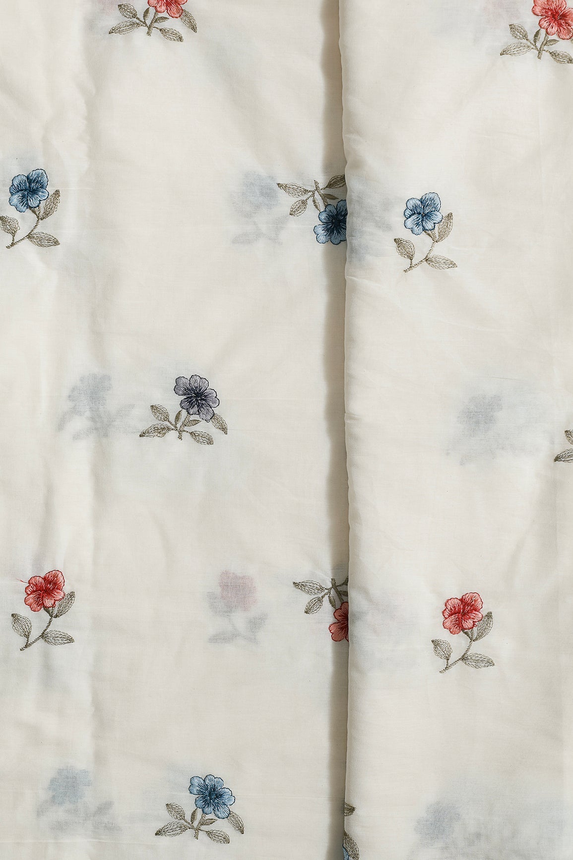 Multi Thread Beautiful Floral Leafy Embroidery Work On Off White Organic Cotton Fabric - doeraa