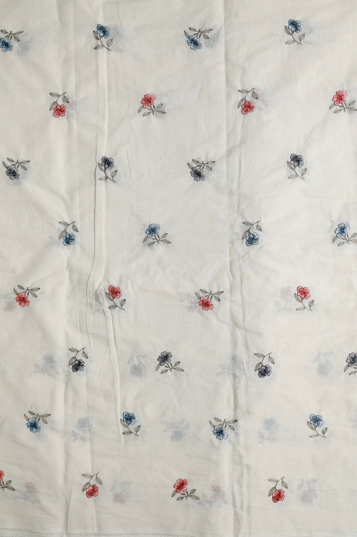 Multi Thread Beautiful Floral Leafy Embroidery Work On Off White Organic Cotton Fabric - doeraa
