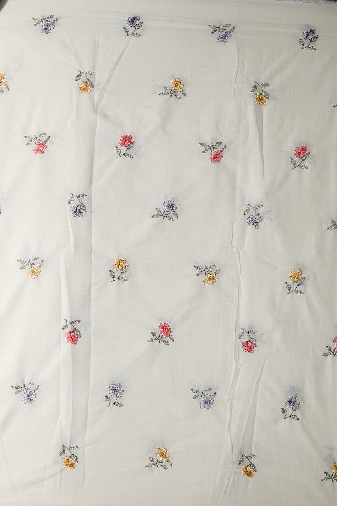 Multi Thread Beautiful Floral Leafy Embroidery Work On Off White Organic Cotton Fabric - doeraa