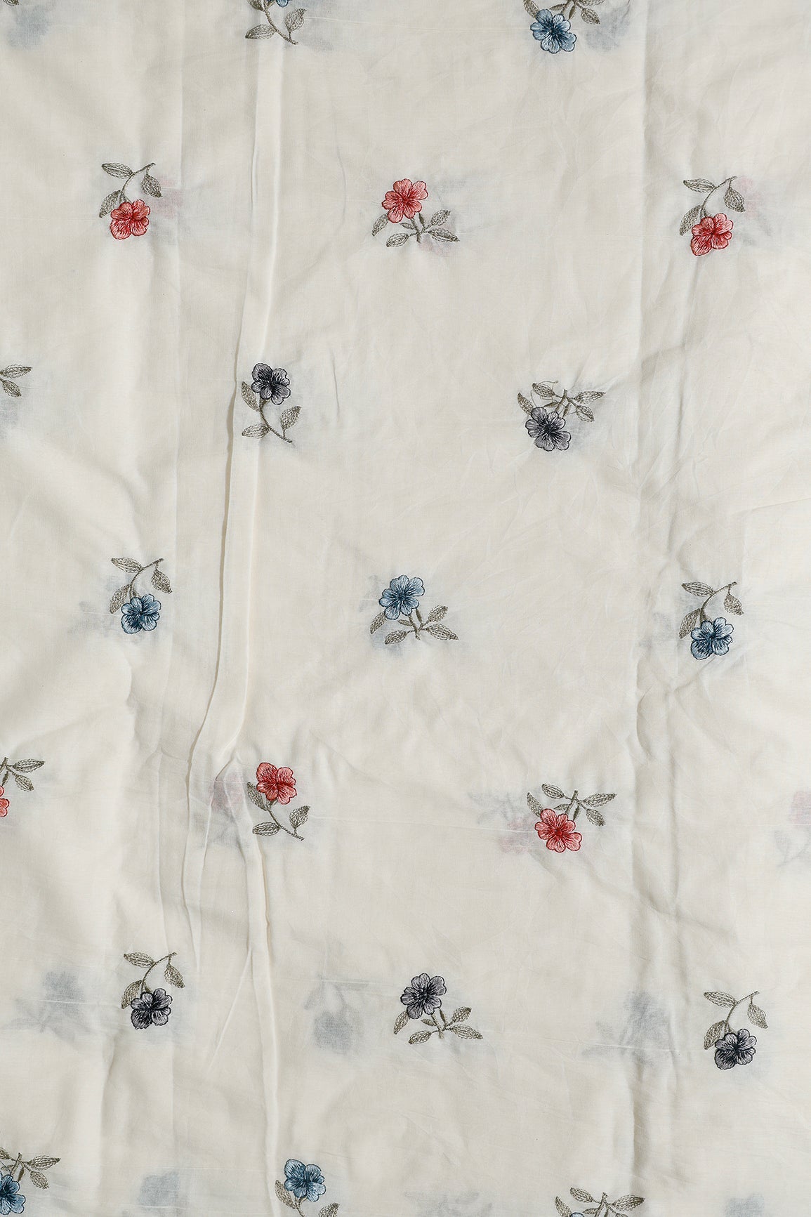 Multi Thread Beautiful Floral Leafy Embroidery Work On Off White Organic Cotton Fabric - doeraa