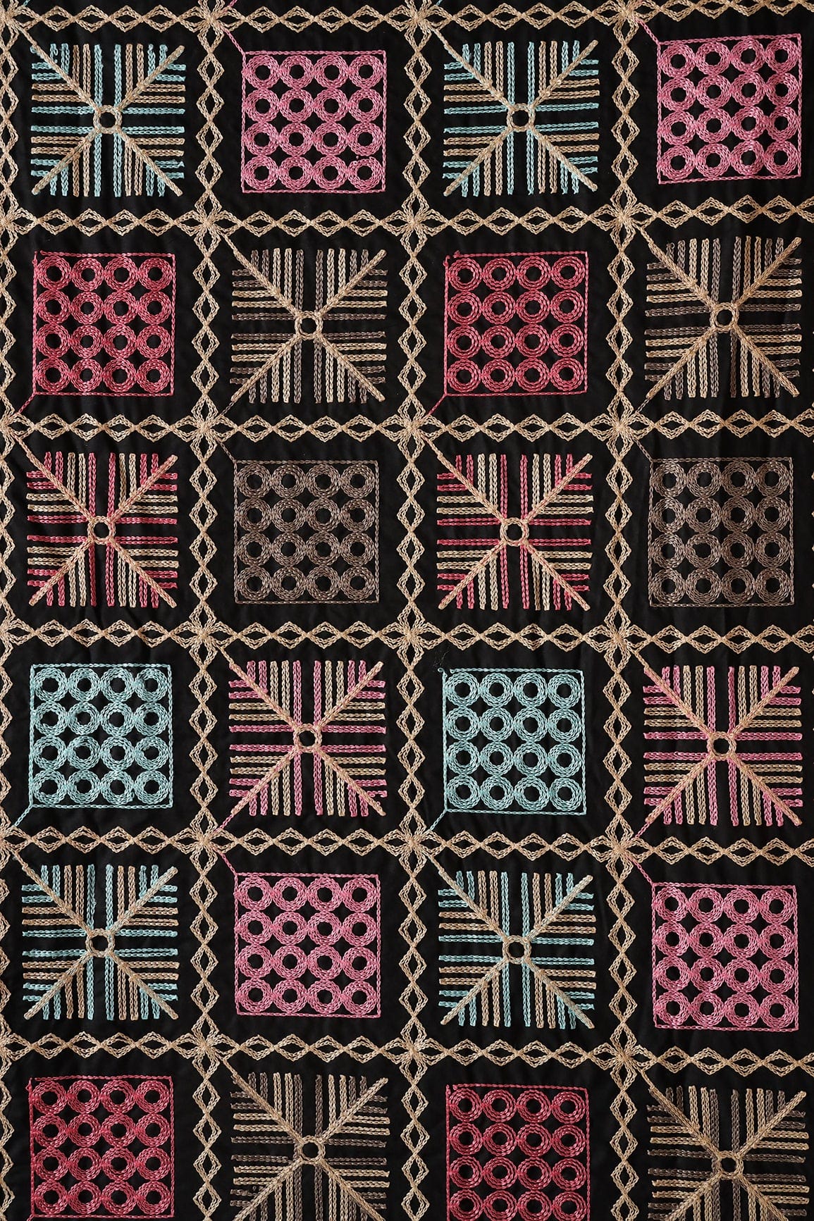 Multi Thread Beautiful Heavy Checks Kashmiri Embroidery Work On Black Cotton Fabric - doeraa