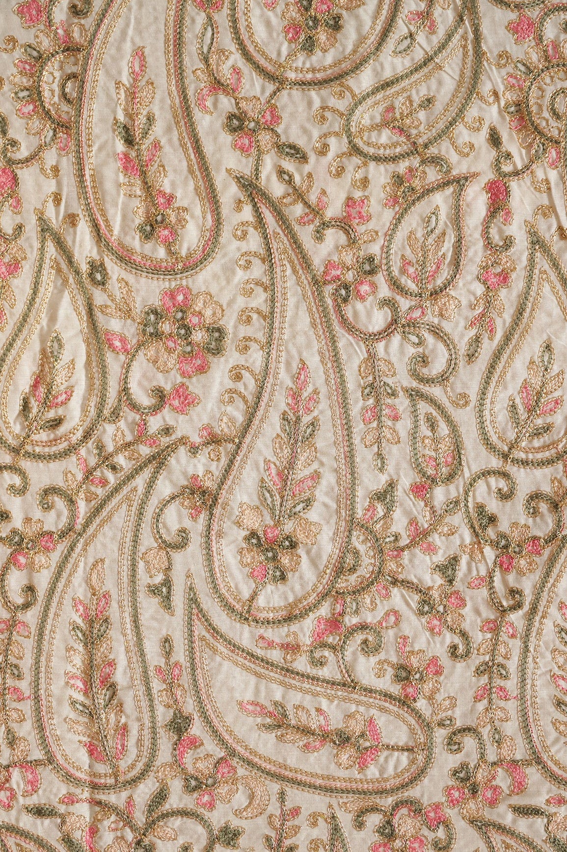 Multi Thread Beautiful Heavy Paisley Kashmiri Embroidery Work On Off White Cotton Fabric - doeraa