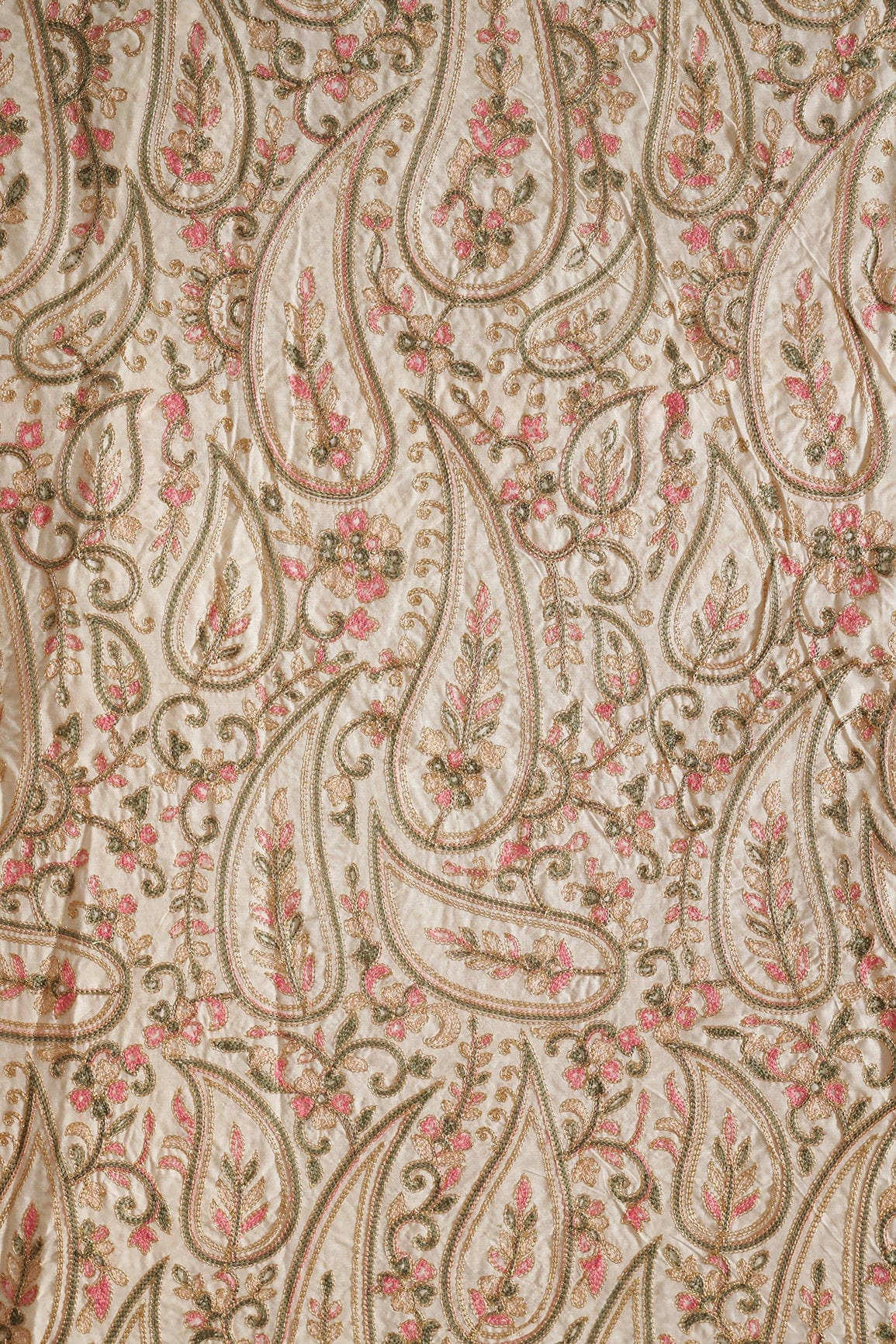 Multi Thread Beautiful Heavy Paisley Kashmiri Embroidery Work On Off White Cotton Fabric - doeraa