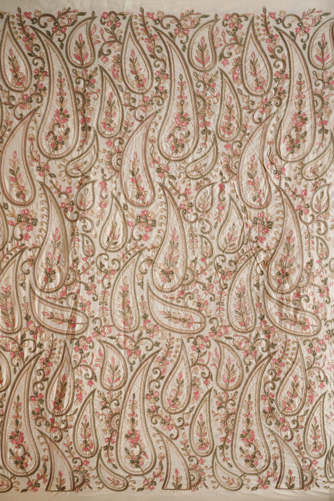 Multi Thread Beautiful Heavy Paisley Kashmiri Embroidery Work On Off White Cotton Fabric - doeraa