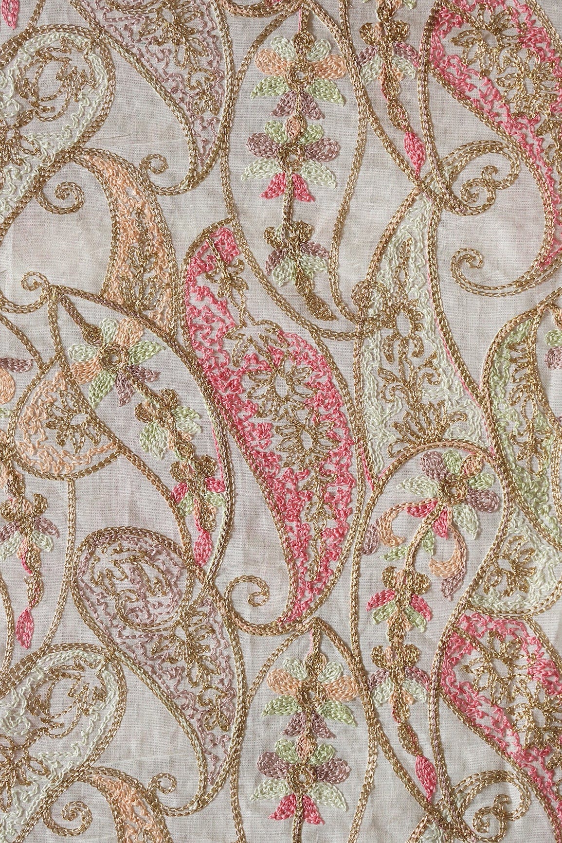 Multi Thread Beautiful Heavy Paisley Kashmiri Embroidery Work On Off White Organic Cotton Fabric - doeraa
