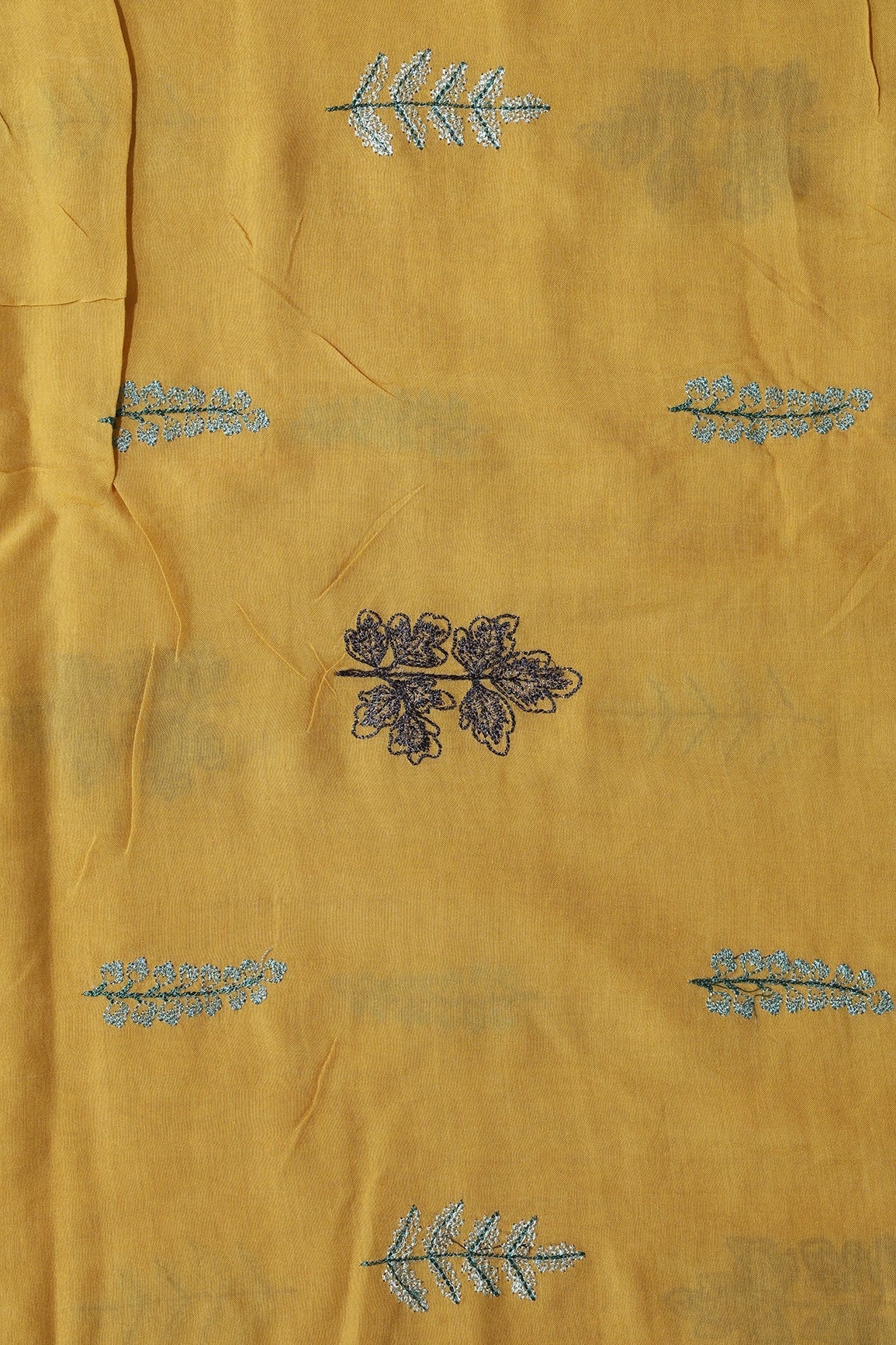 Multi Thread Floral Embroidery On Mustard Muslin Silk Fabric - doeraa