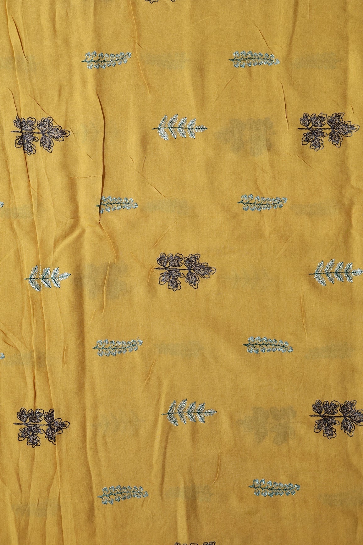 Multi Thread Floral Embroidery On Mustard Muslin Silk Fabric - doeraa