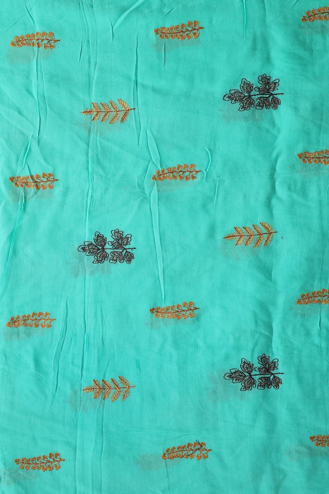 Multi Thread Floral Embroidery On Turquoise Muslin Silk Fabric - doeraa