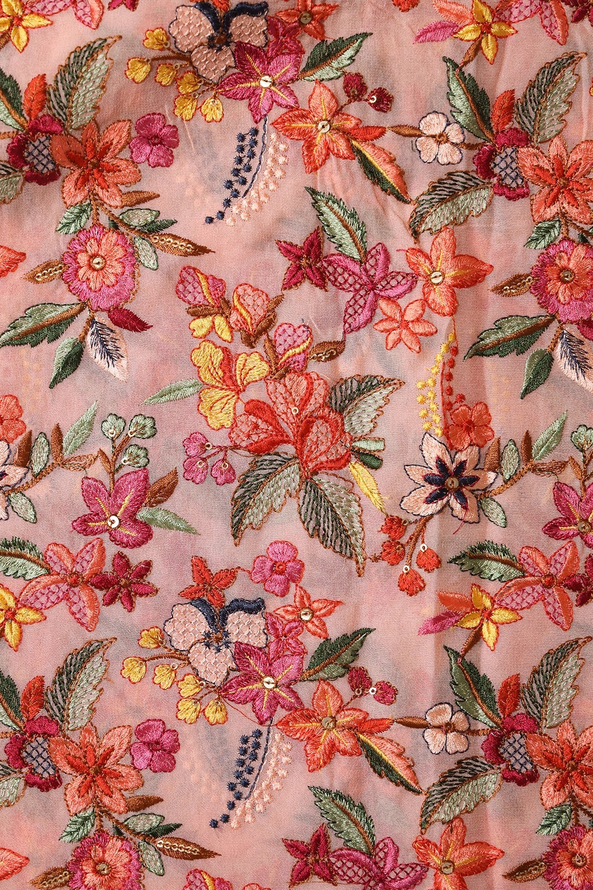 Multi Thread Floral Heavy Embroidery On Peach Viscose Georgette Fabric - doeraa