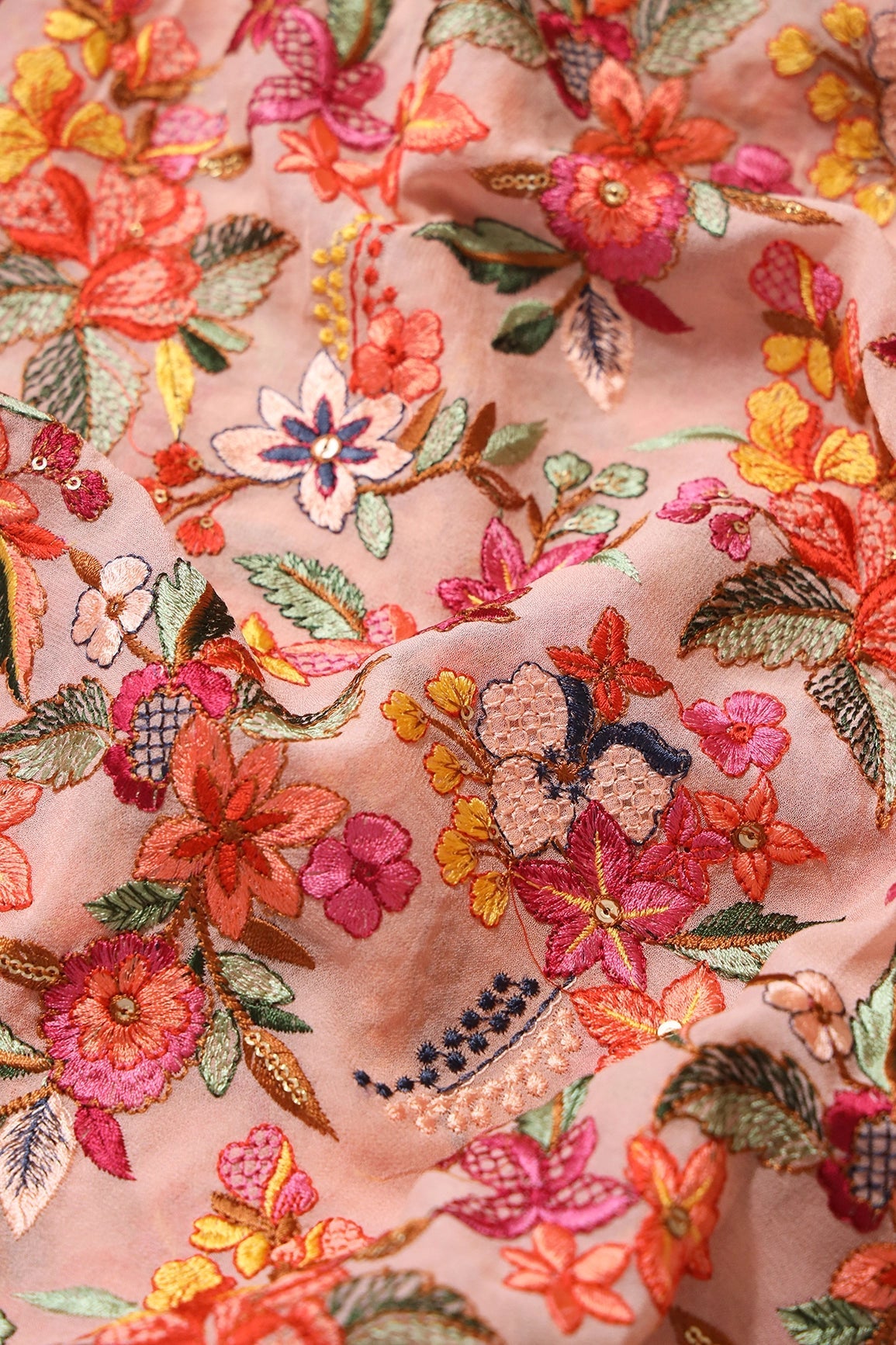Multi Thread Floral Heavy Embroidery On Peach Viscose Georgette Fabric - doeraa