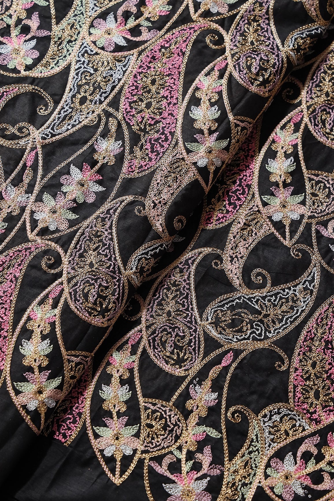 Multi Thread Heavy Paisley Kashmiri Embroidery Work On Black Cotton Fabric - doeraa