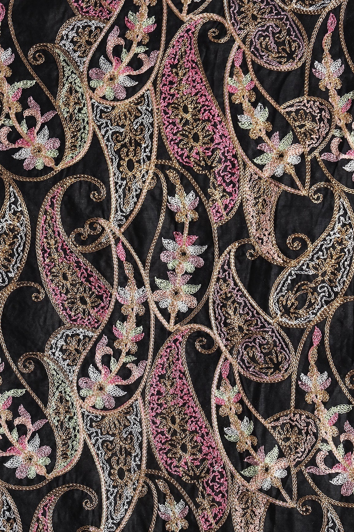Multi Thread Heavy Paisley Kashmiri Embroidery Work On Black Cotton Fabric - doeraa