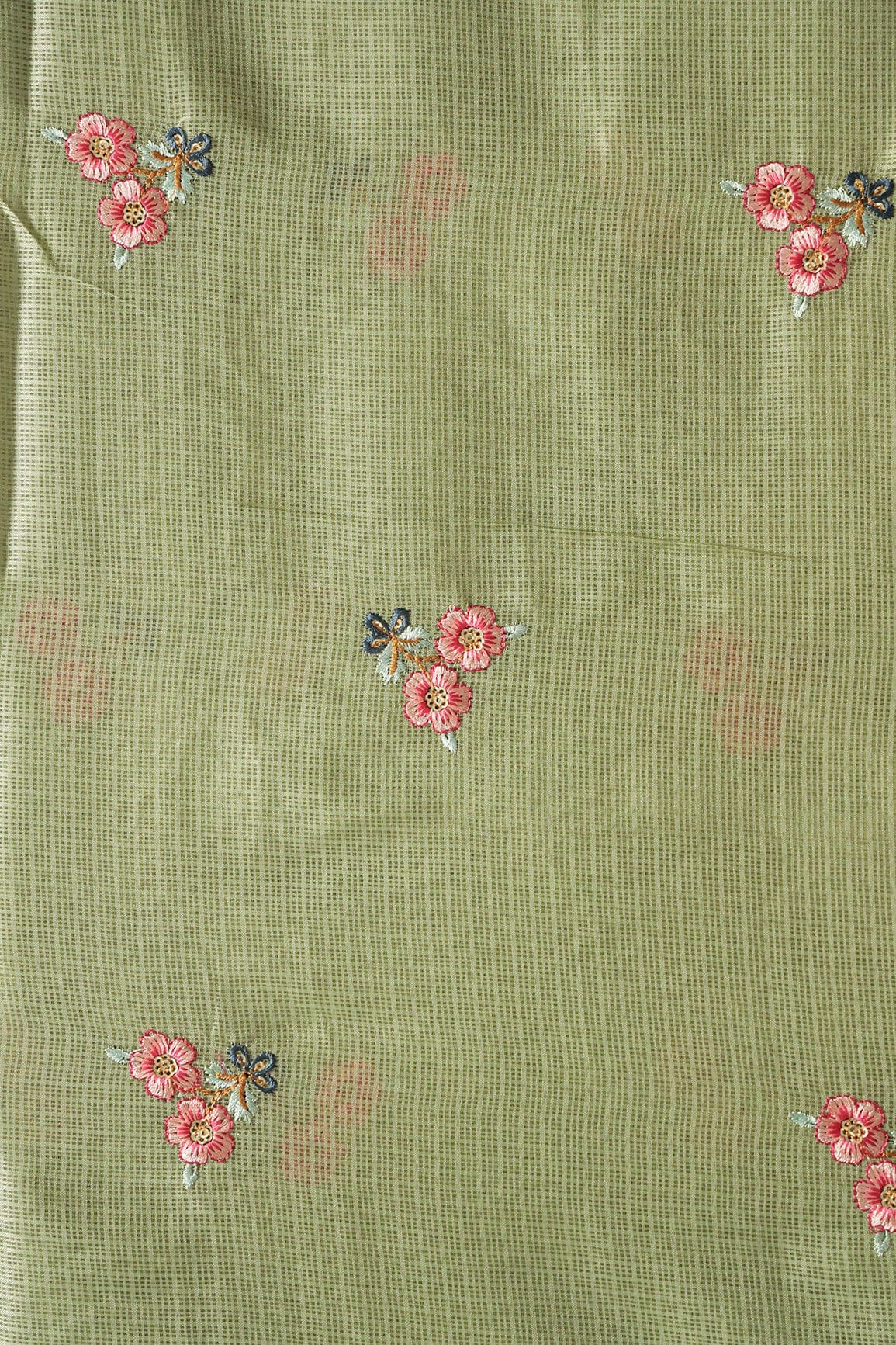 Multi Thread Small Floral Booti Embroidery Work On Olive Kota Doria Net Fabric - doeraa