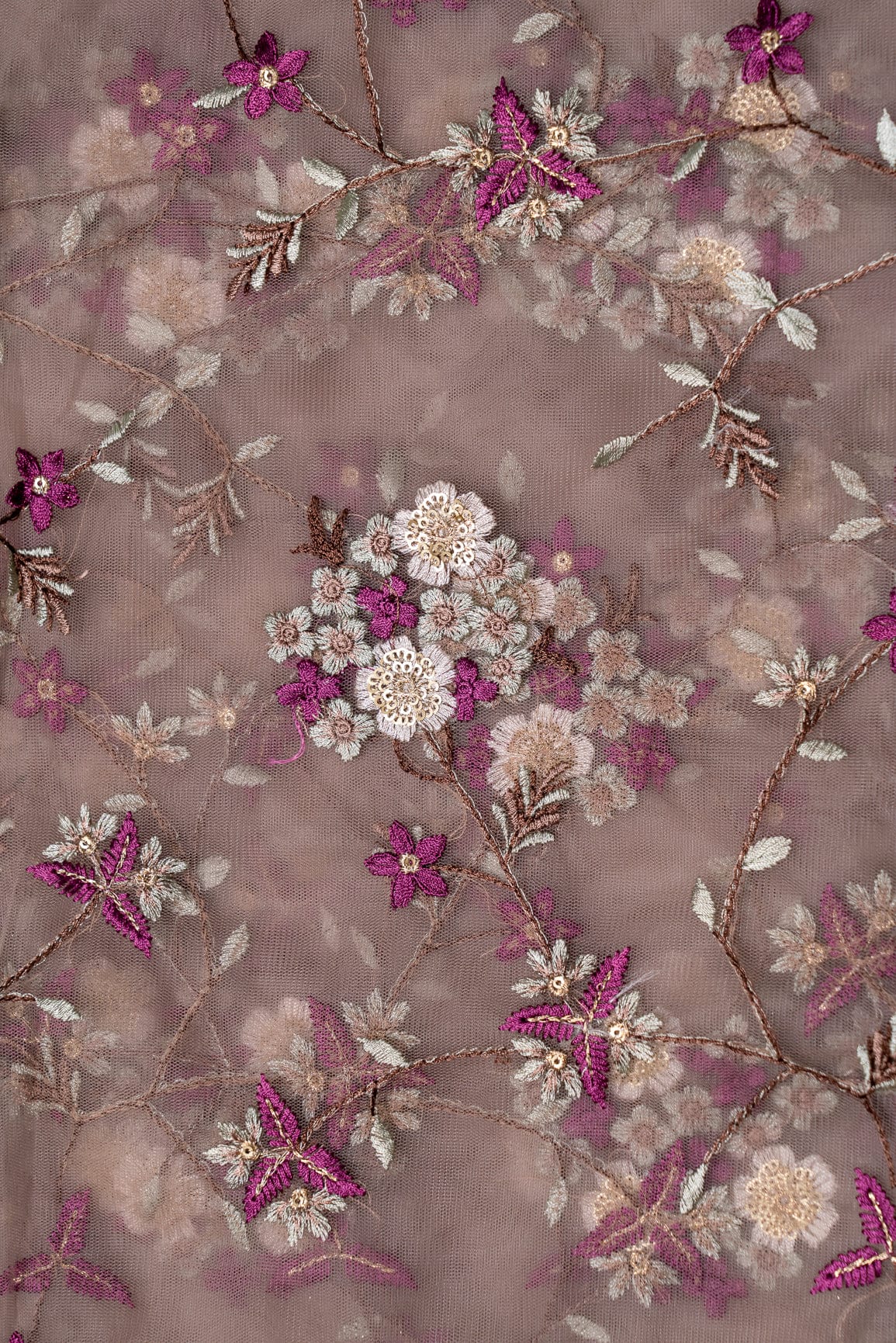 Multi Thread With Gold Sequins Embroidery On Light Brown Soft Net Fabric - doeraa