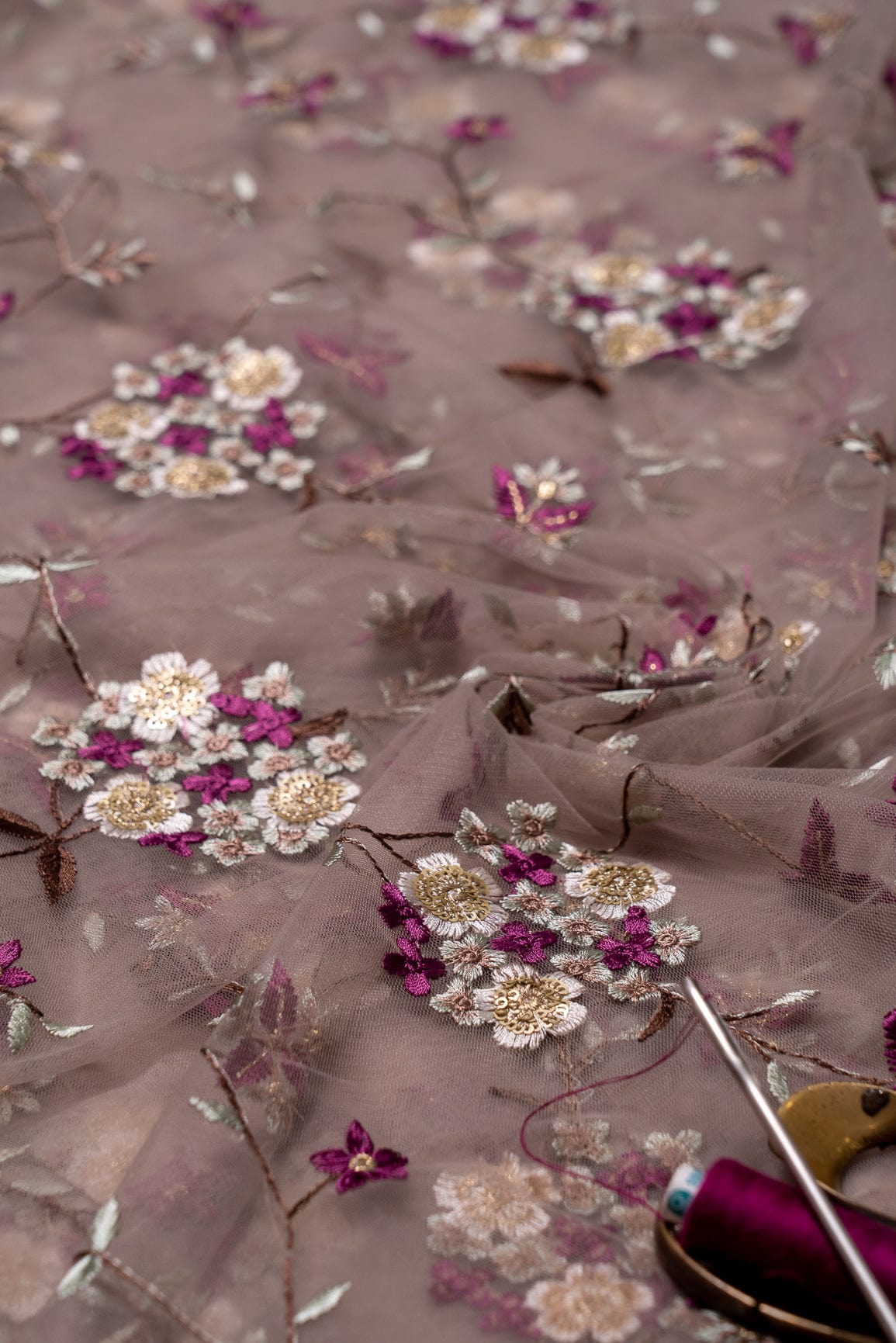 Multi Thread With Gold Sequins Embroidery On Light Brown Soft Net Fabric - doeraa