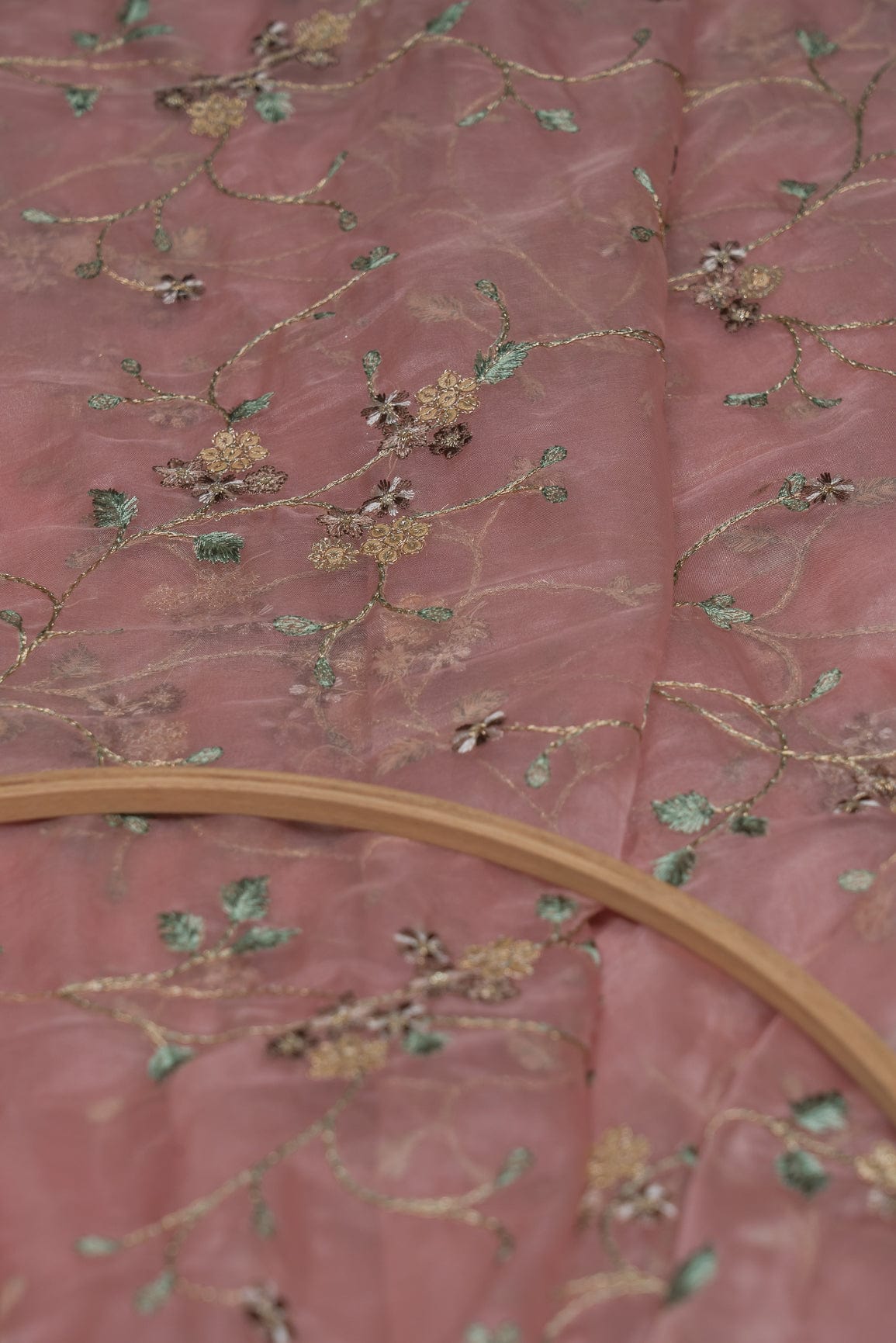 Multi Thread with Gold Sequins Embroidery On Salmon Pink Organza Fabric - doeraa